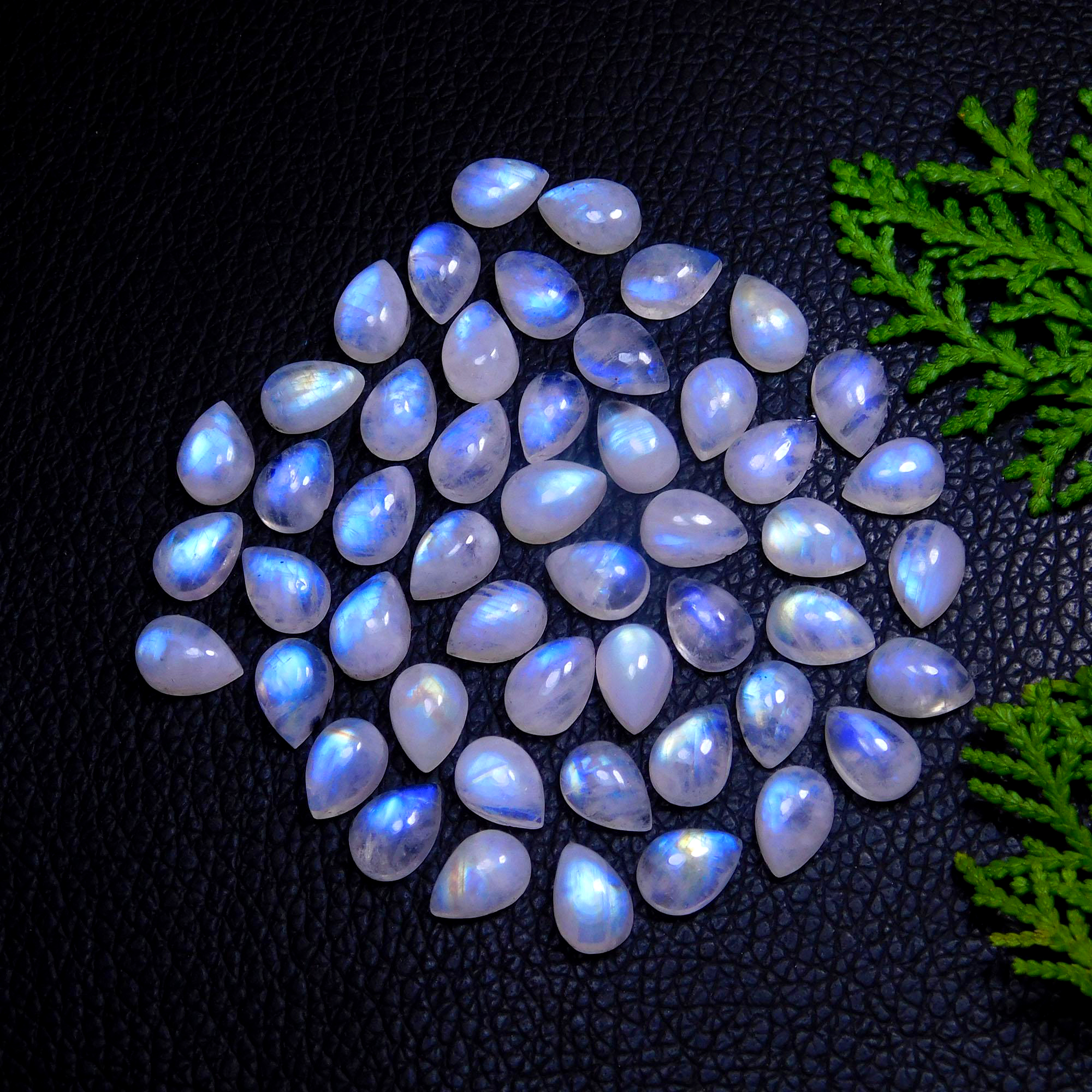50Pcs 113Cts Natural Rainbow Moonstone Pear Shape Blue Fire Cabochon Lot Semi Precious Loose Gemstone Jewelry Supplies Crystal 10X7mm #9885