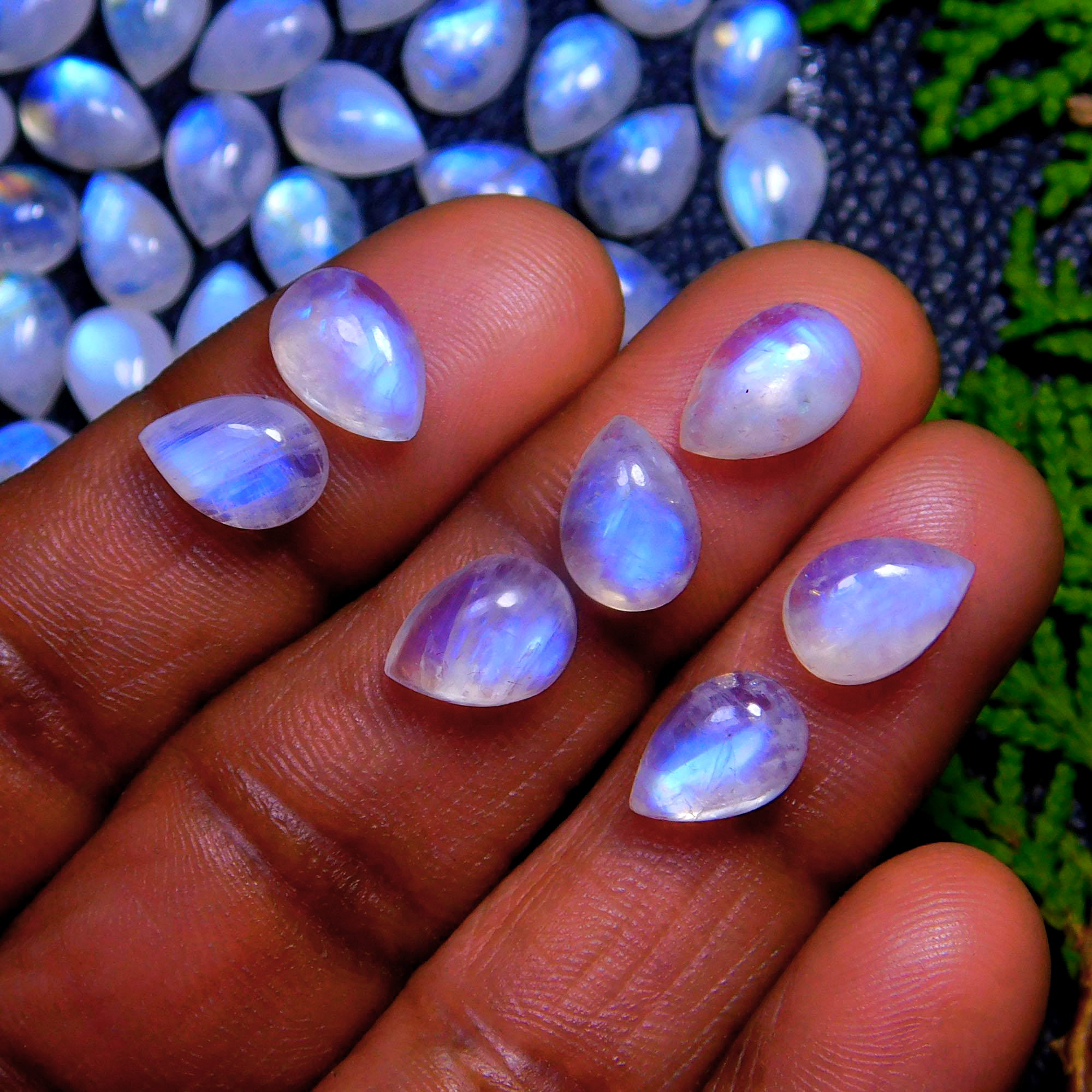 79Pcs 181Cts Natural Rainbow Moonstone Pear Shape Blue Fire Cabochon Lot Semi Precious Loose Gemstone Jewelry Supplies Crystal 10X7mm #9886