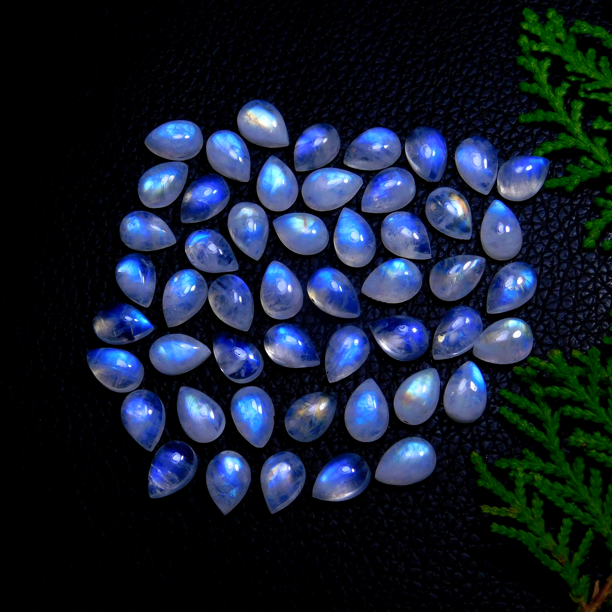 50Pcs 83Cts Natural Rainbow Moonstone Pear Shape Blue Fire Cabochon Lot Semi Precious Loose Gemstone Jewelry Supplies Crystal 9X6mm #9894