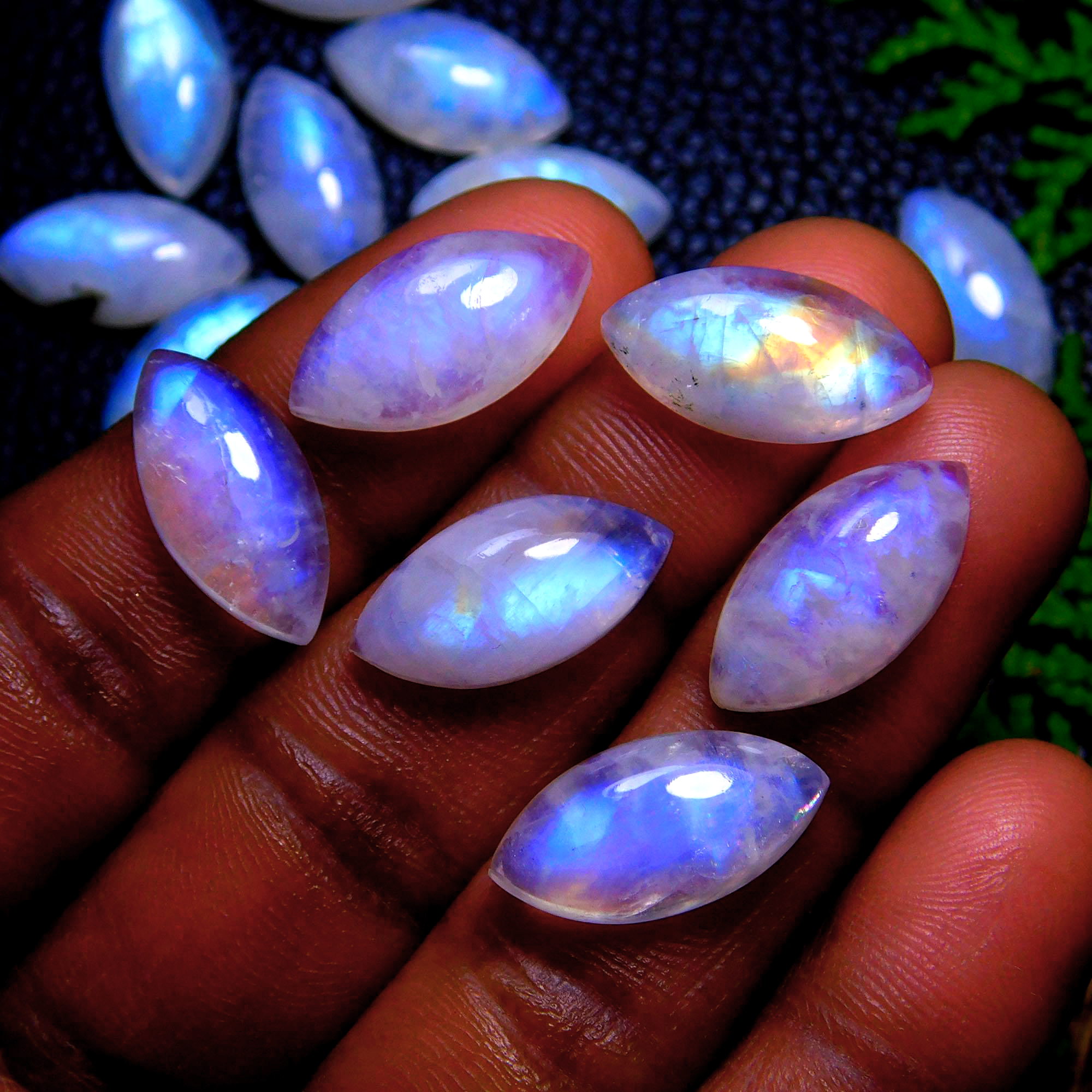 20Pcs 130Cts Natural Rainbow Moonstone Marquise Shape Blue Fire Cabochon Lot Semi Precious Loose Gemstone Jewelry Supplies Crystal 18X9mm #9907