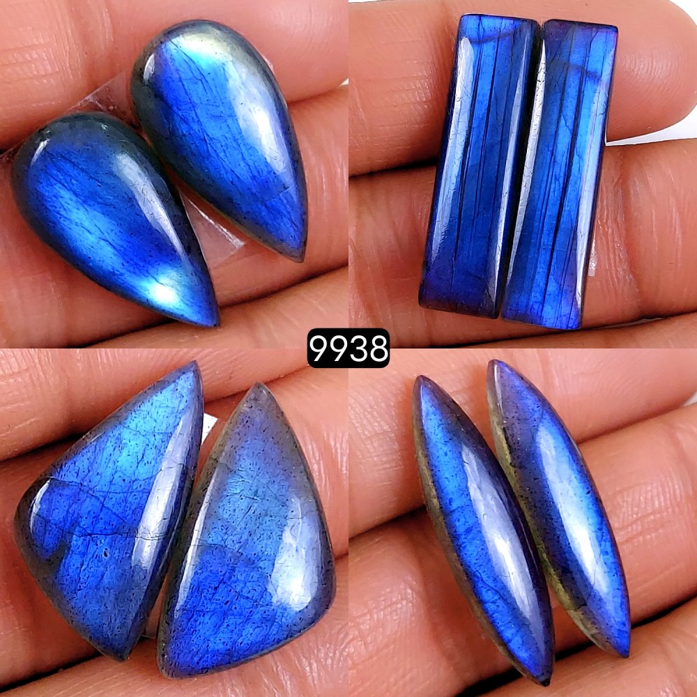 4Pair 82Cts Natural Labradorite Blue Fire Briolette Dangle Drop Earrings Semi Precious Crystal For Hoop Earrings Blue Gemstone Cabochon Matching pair 29x7 22x12mm #9938