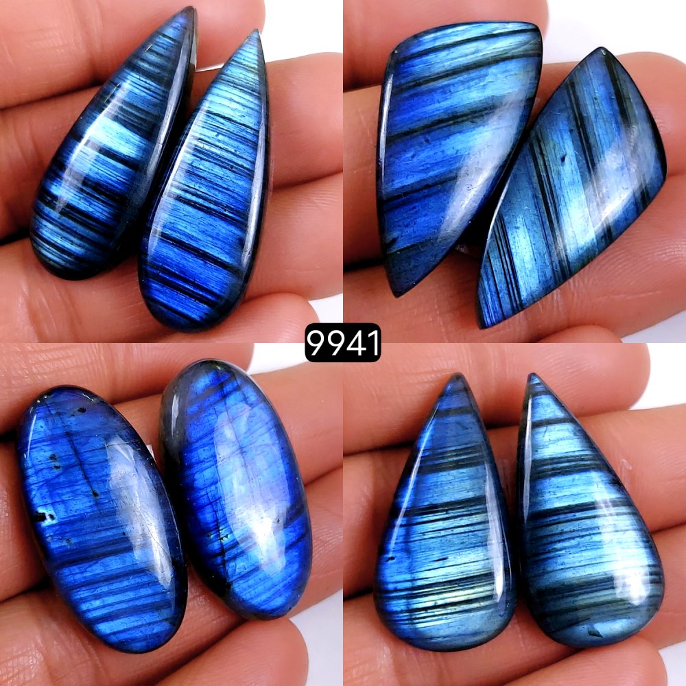 4Pair 215Cts Natural Labradorite Blue Fire Briolette Dangle Drop Earrings Semi Precious Crystal For Hoop Earrings Blue Gemstone Cabochon Matching pair 38x14 32x15mm #9941