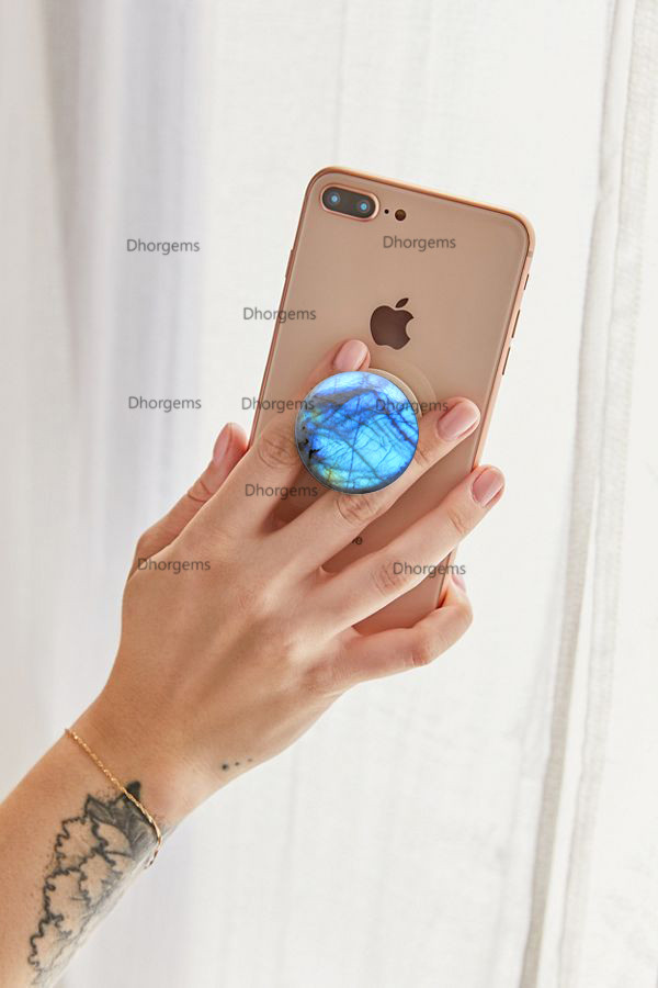 Natural Labradorite Phone Grips Cellphone Stand Semi-Precious Stone Phone Holder Multi Flash Phone Accessory 40mm Diameter