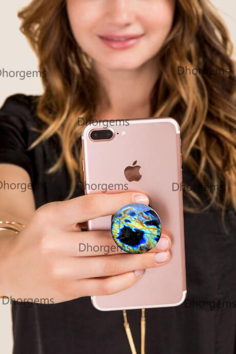 Natural Labradorite Phone Grips Cellphone Stand Semi-Precious Stone Phone Holder Multi Flash Phone Accessory 40mm Diameter