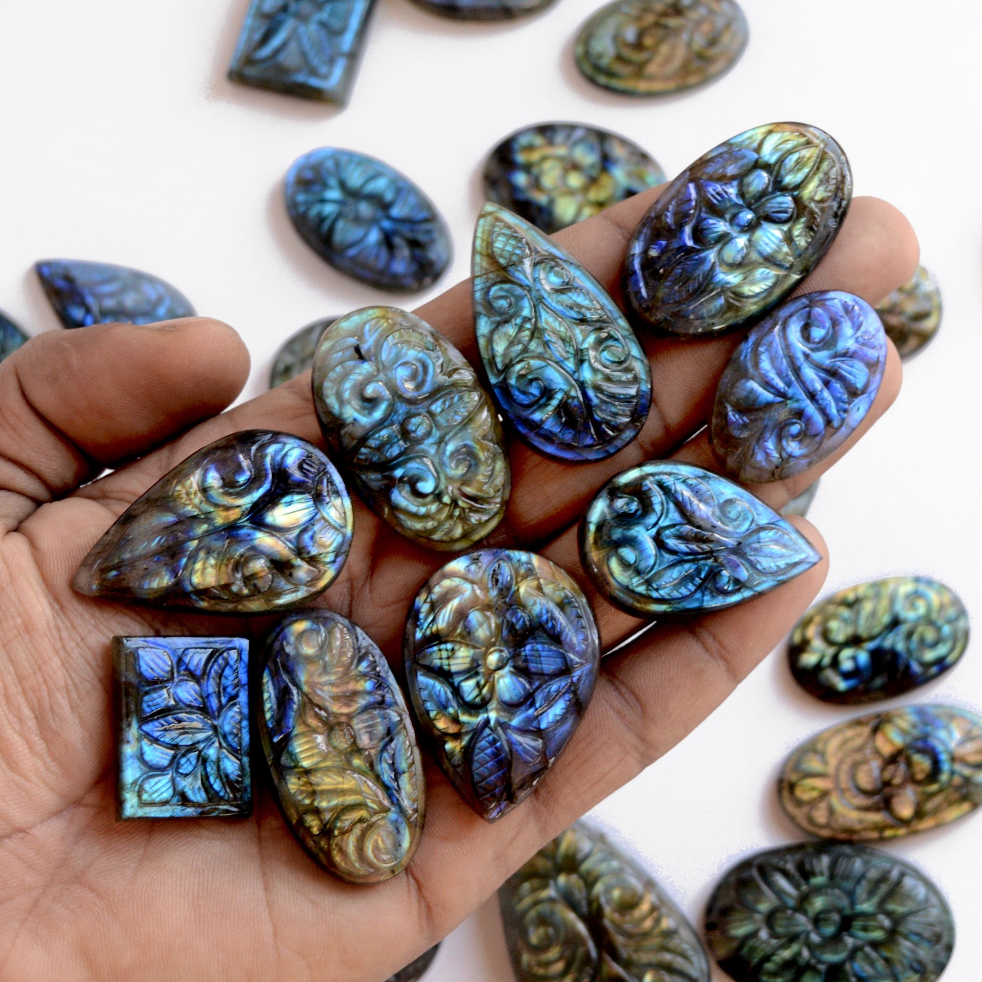 Natural Multi Fire labradorite cabochon carving gemstone mughal carved loose gemstone Wholesale Lot For Jewelry