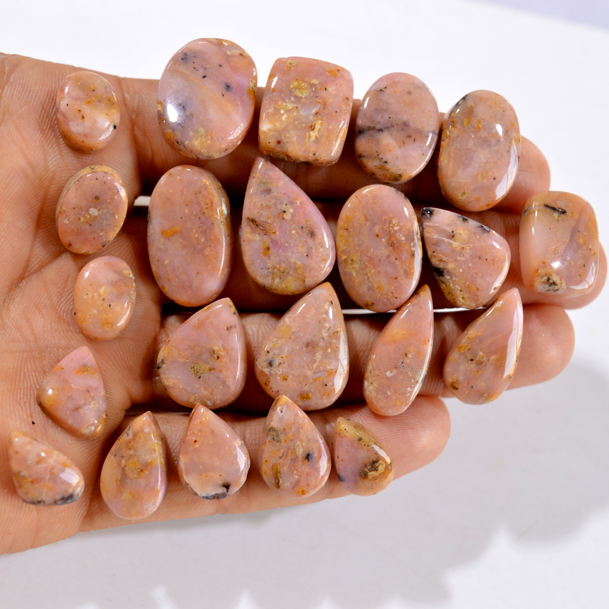 22Pcs 215Cts Natural Pink Opal Semi-Precious Gemstone Cabochon Lot Peruvian Loose Gemstone For Silver Jewelry and Pendants 19x12 9x9mmR- 14446