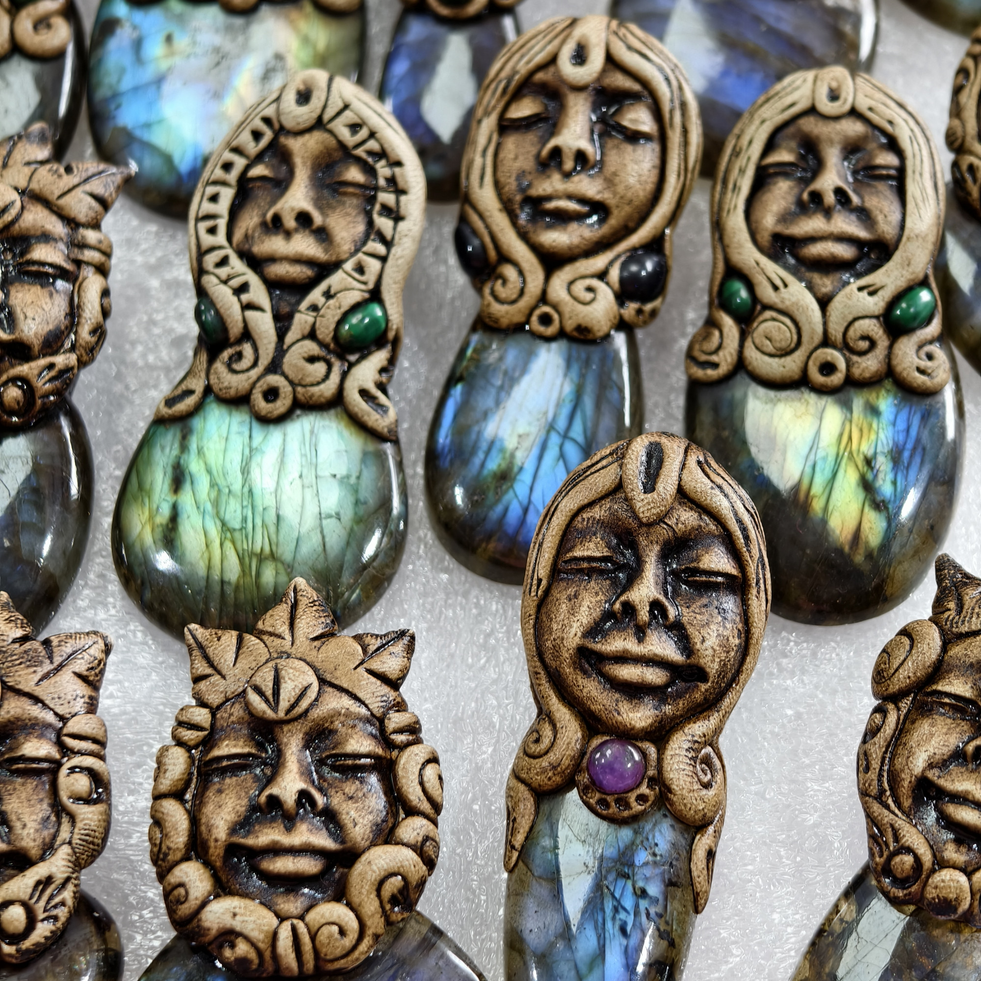 Handmade Natural Labradorite Clay Pendant for Jewelry Making 51x25x15mm 69x22x15mm Avg 120 Carat