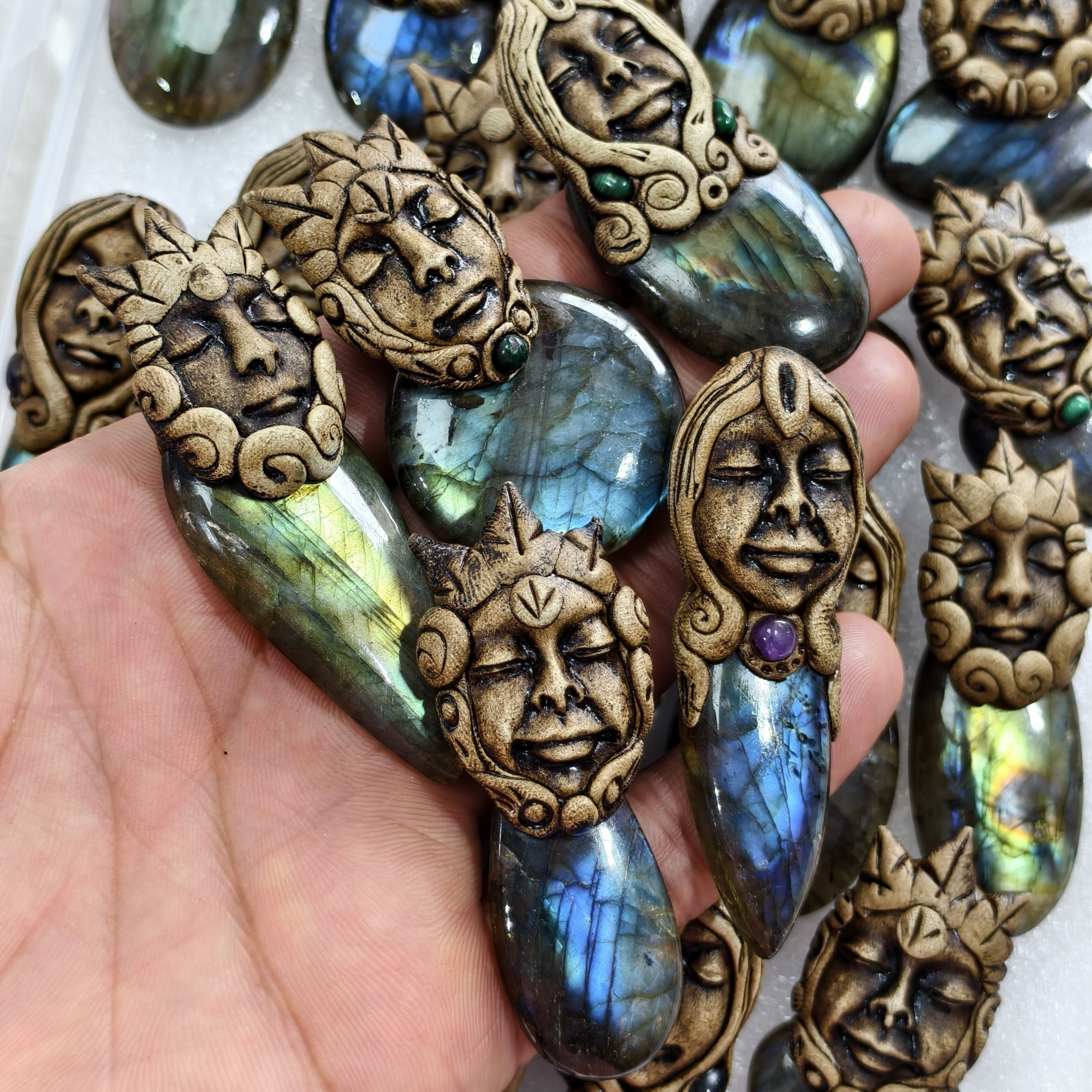 Handmade Natural Labradorite Clay Pendant for Jewelry Making 51x25x15mm 69x22x15mm Avg 120 Carat