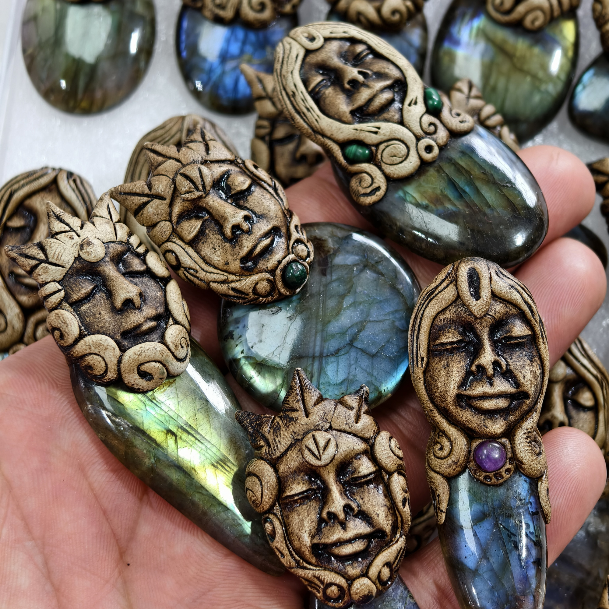 Handmade Natural Labradorite Clay Pendant for Jewelry Making 51x25x15mm 69x22x15mm Avg 120 Carat