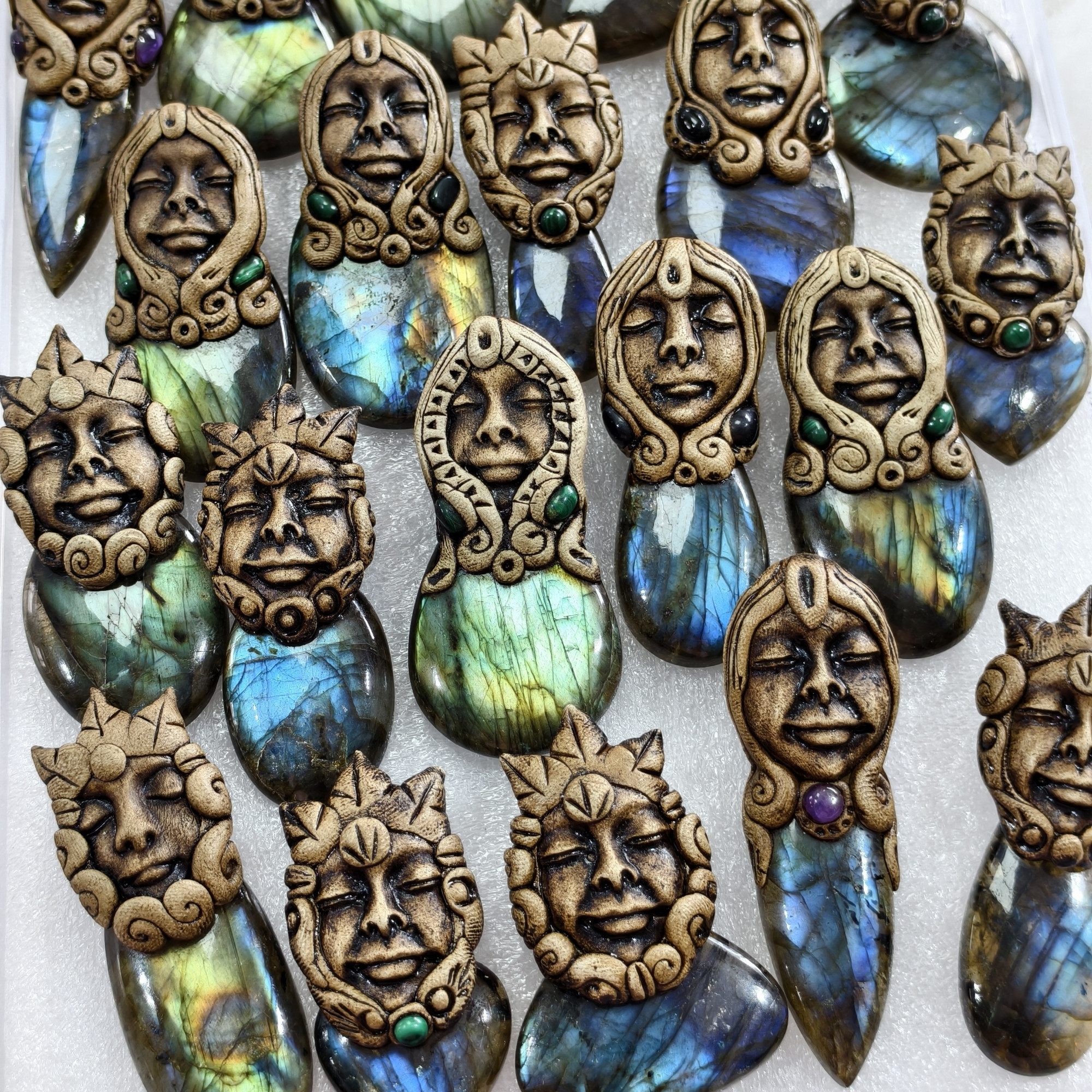 Handmade Natural Labradorite Clay Pendant for Jewelry Making 51x25x15mm 69x22x15mm Avg 120 Carat