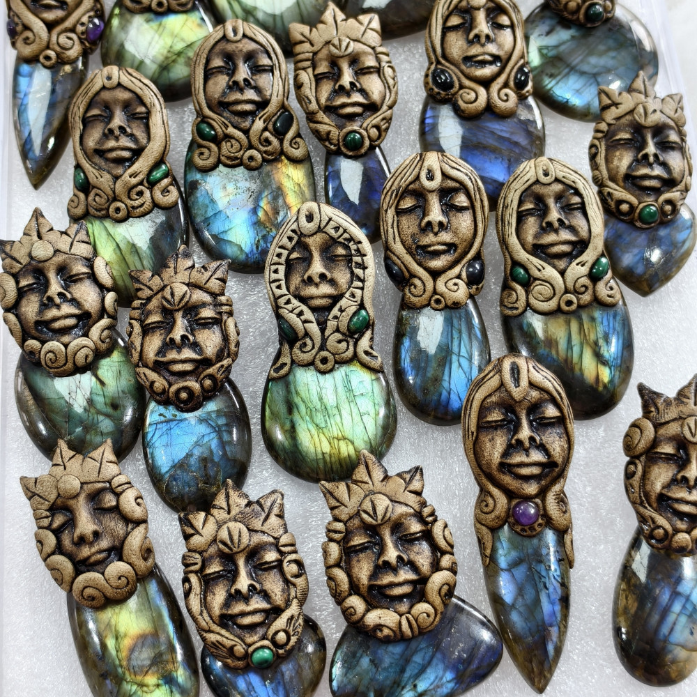 Image of Handmade Natural Labradorite Clay Pendant for Jewelry Making 51x25x15mm 69x22x15mm Avg 120 Carat