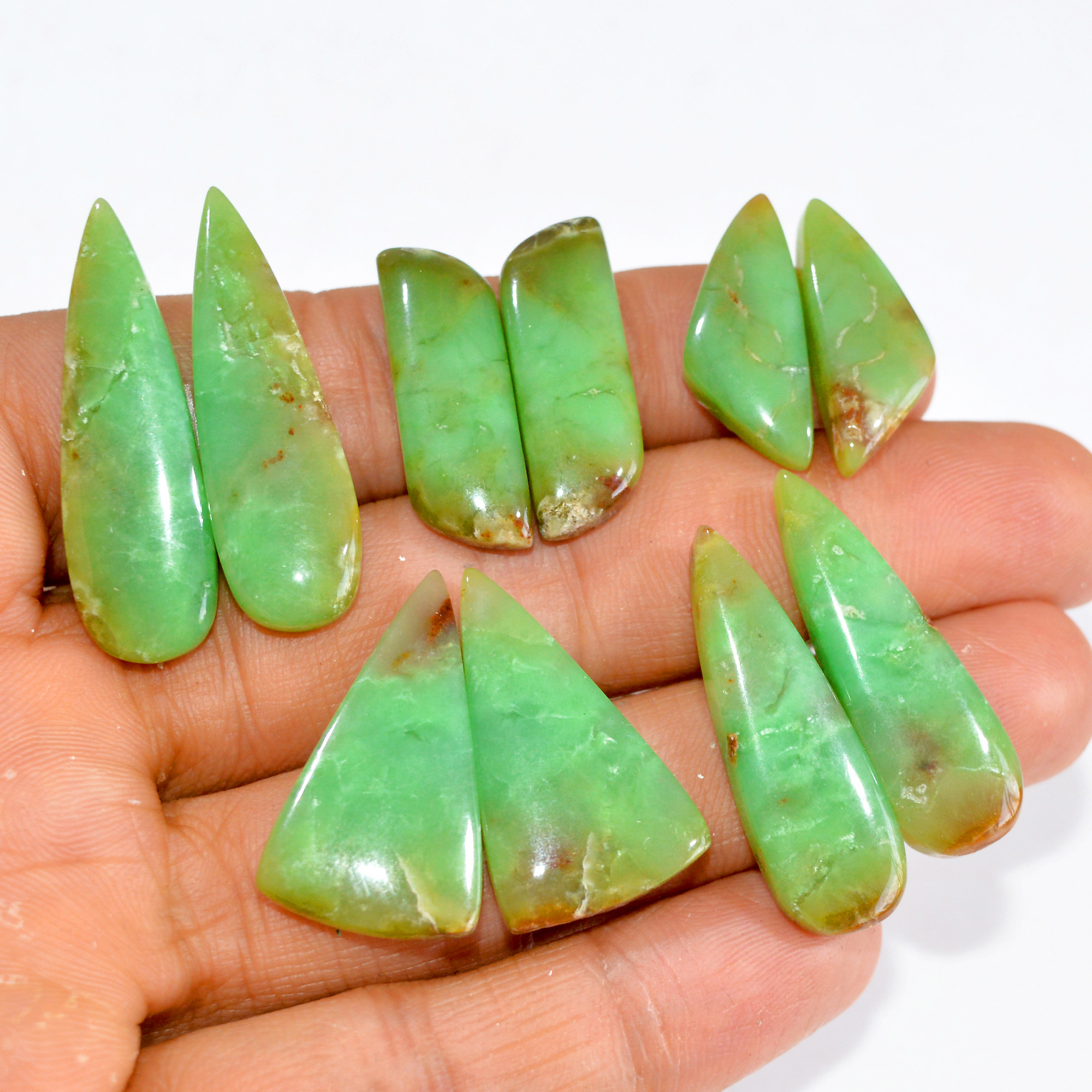 5 Pairs 135 Cts Natural Green Chrysoprase Cabochon Pair Lot Loose Gemstone Craft Supplies For Silver Jewelry Making 34x9 21x9mm 15192