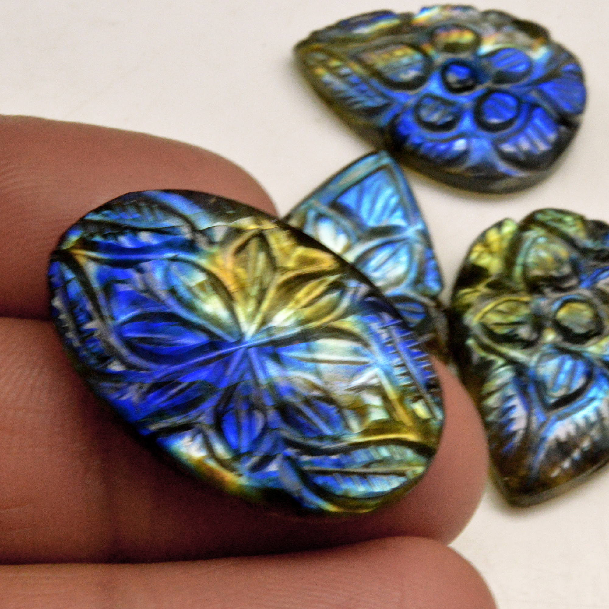 5 Pcs 102 Cts Natural Labradorite Carved Cabochon Blue Flashy Labradorite Carving Gemstone Mix Shape Loose Gemstone Flat Back Labradorite 30x19 25x14mm R-13599