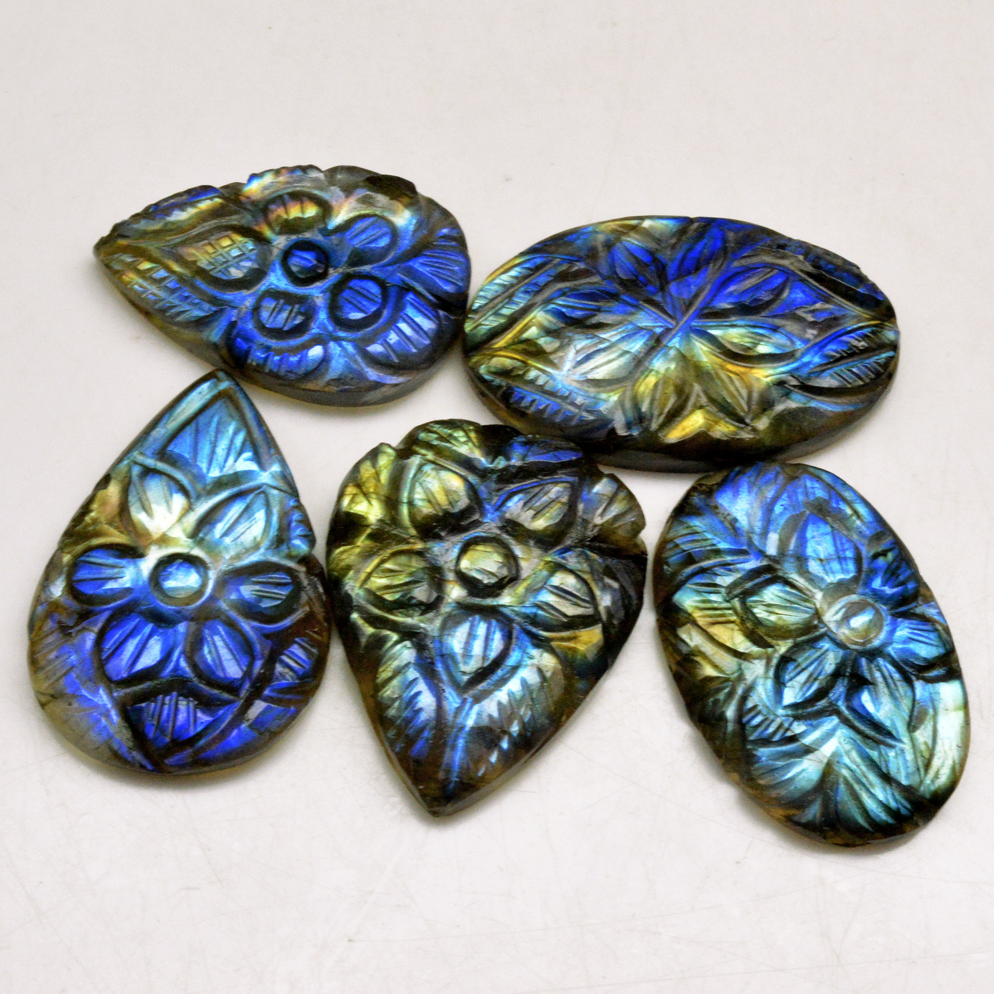 5 Pcs 102 Cts Natural Labradorite Carved Cabochon Blue Flashy Labradorite Carving Gemstone Mix Shape Loose Gemstone Flat Back Labradorite 30x19 25x14mm R-13599