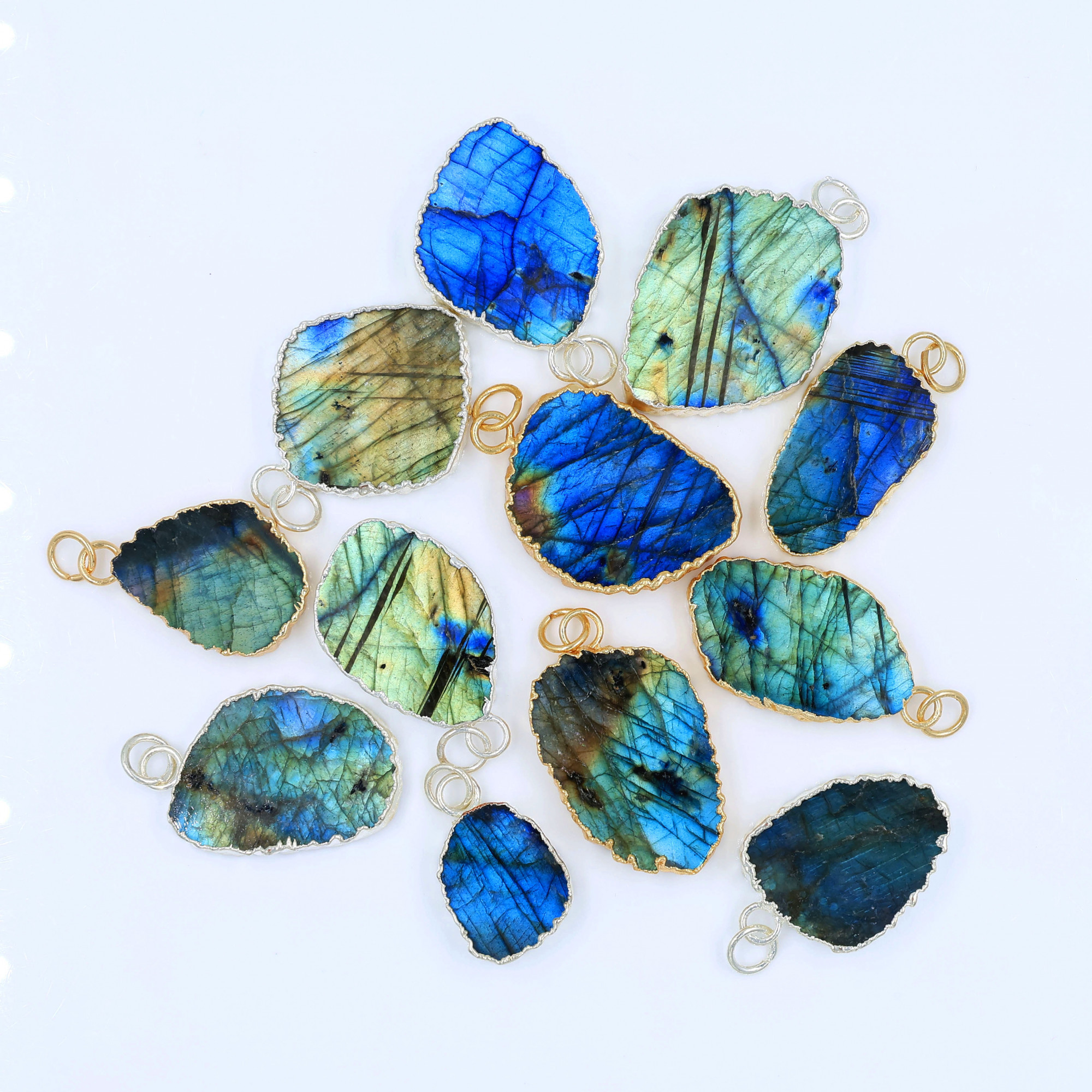 12Pcs 360Cts Natural Labradorite Gold Silver Electroplated Connector Pendant Lot Gemstone Jewelry Making Supplies 22x1837x24mm 19871