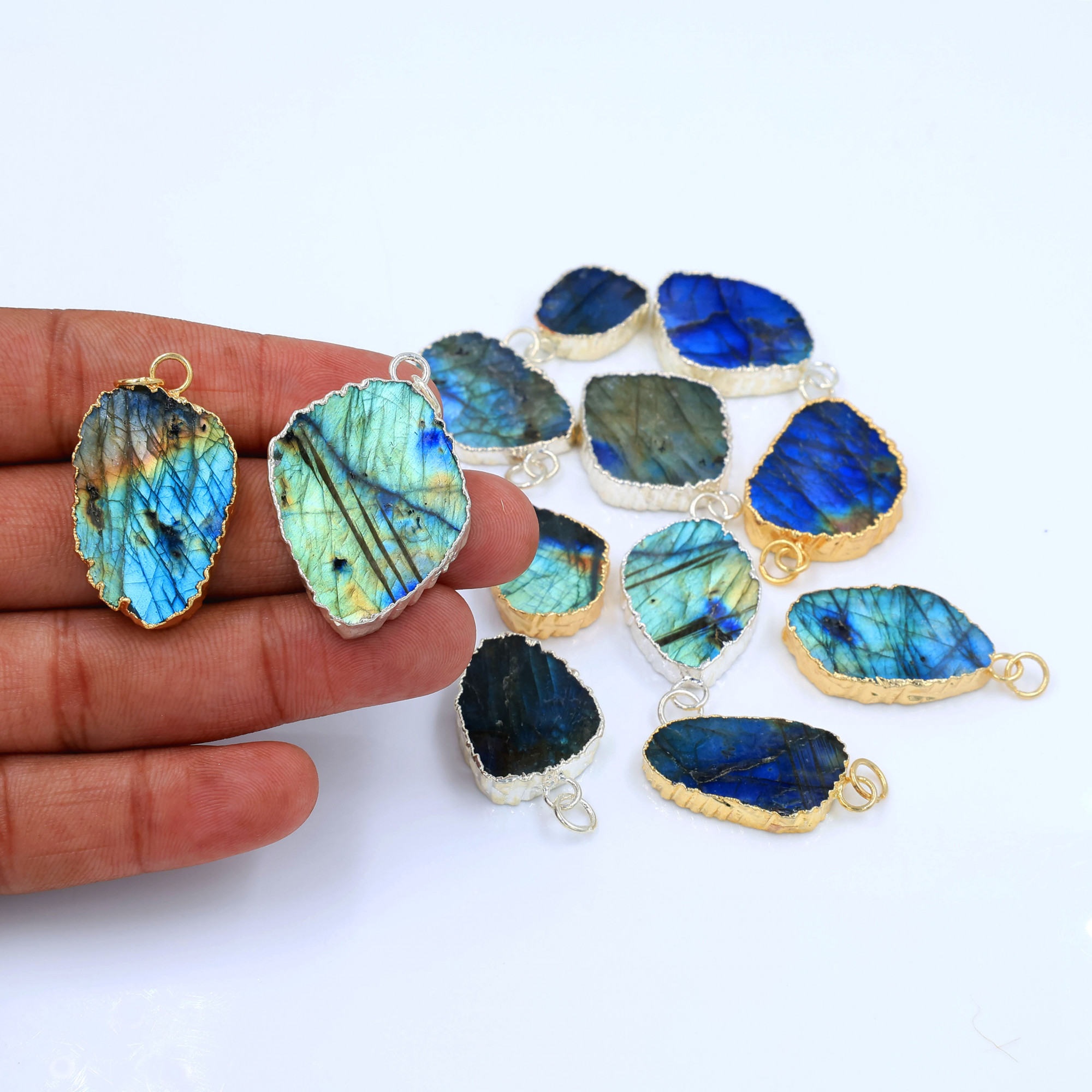 12Pcs 360Cts Natural Labradorite Gold Silver Electroplated Connector Pendant Lot Gemstone Jewelry Making Supplies 22x1837x24mm 19871