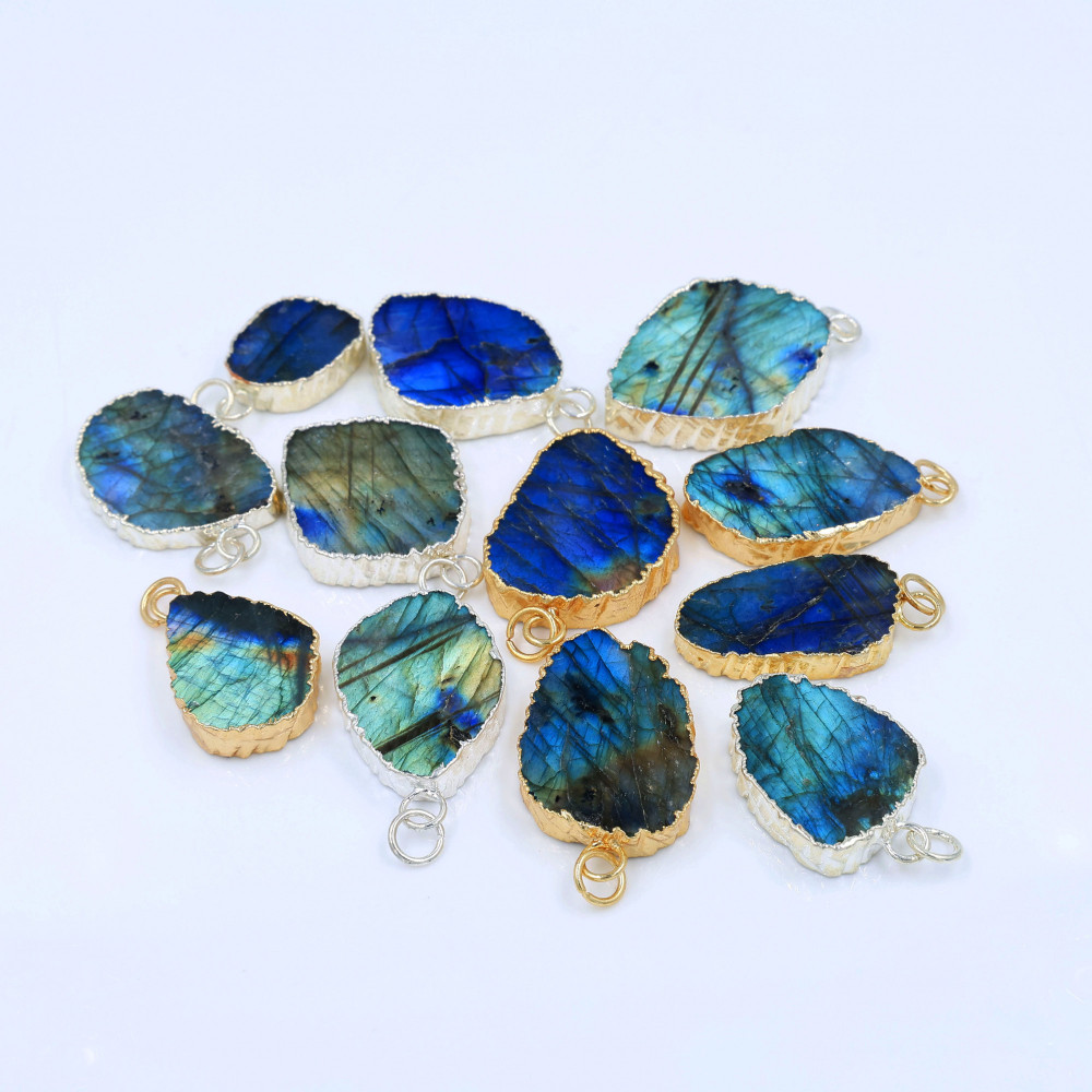 Image of 12Pcs 360Cts Natural Labradorite Gold &amp; Silver Electroplated Connector Pendant Lot, Gemstone Jewelry Making Supplies, 22x18–37x24mm #19871