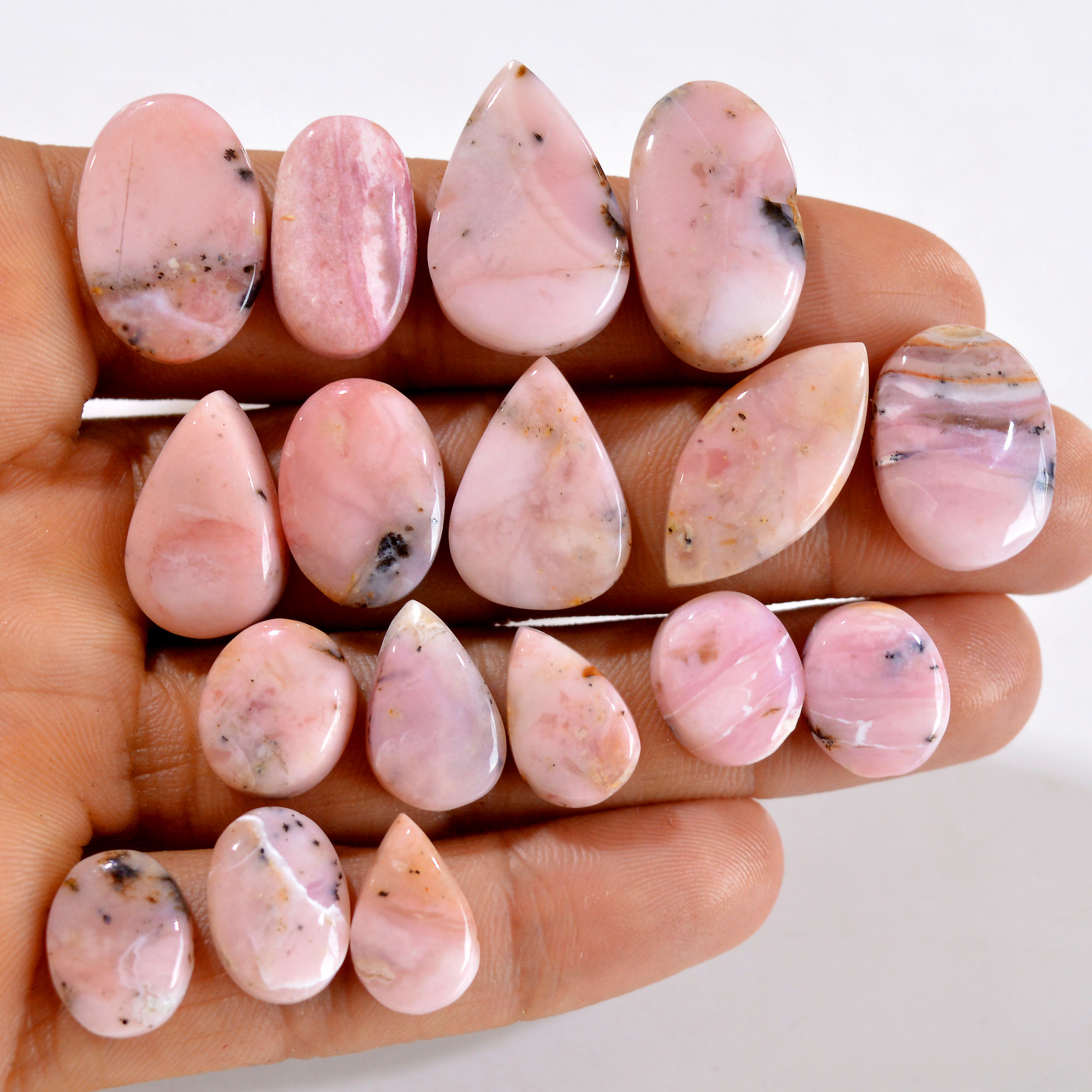 16Pcs 138Cts Natural Pink Opal Semi-Precious Gemstone Cabochon Lot Peruvian Loose Gemstone For Silver Jewelry and Pendants 29x11 10x8mmR- 14423