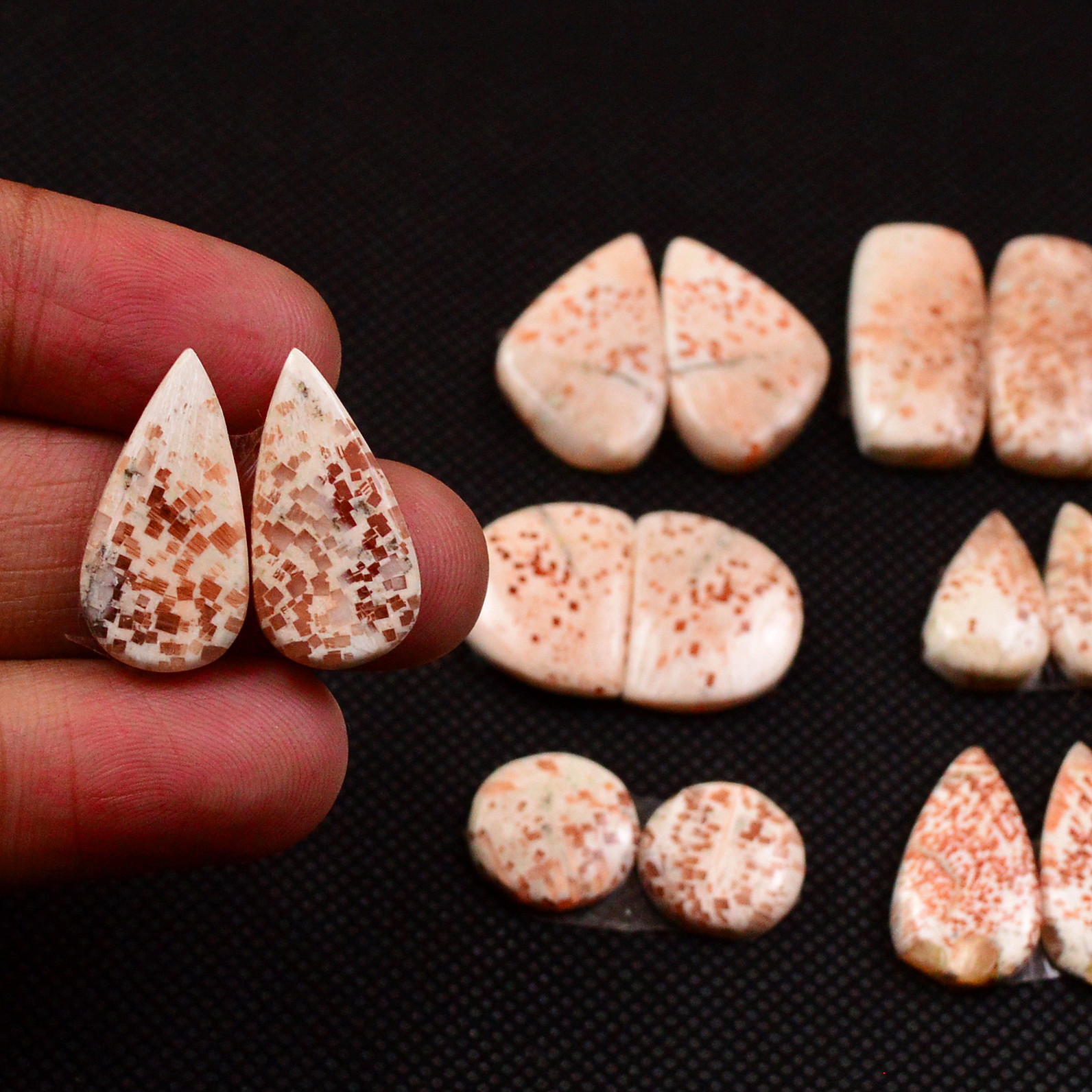 7 Pairs 100Cts Natural Pink Scolecite Cabochons Pairs lot for Silver Jewelry Making 21x9 11x11mm 19253