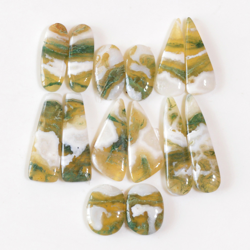 Image of 7 Pairs 120 Cts Natural Green Moss Agate Cabochon Gemstone Dangle Earrings Pairs Lot 30x6 14x10mm #18797