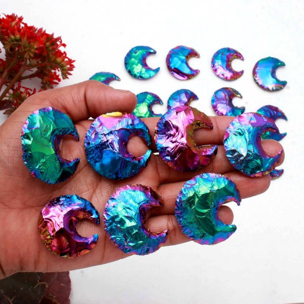 Aura Coated Obsidian Moon Carving