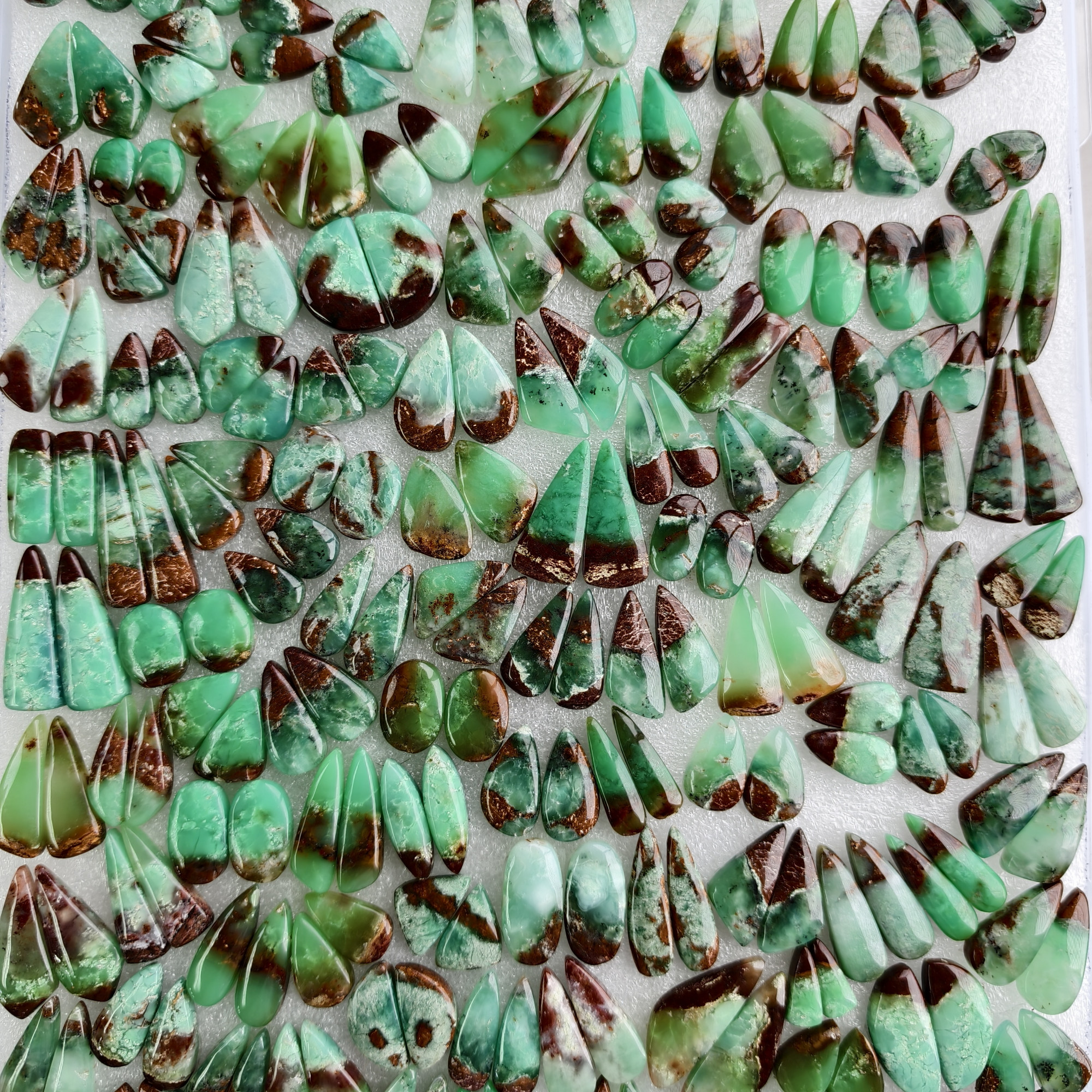 Natural Chrysoprase Matching Pair 12x11x5mm- 34x11x5mm Green Gemstone Cabochons for Earrings and Jewelry Making 16Cts Average Weight