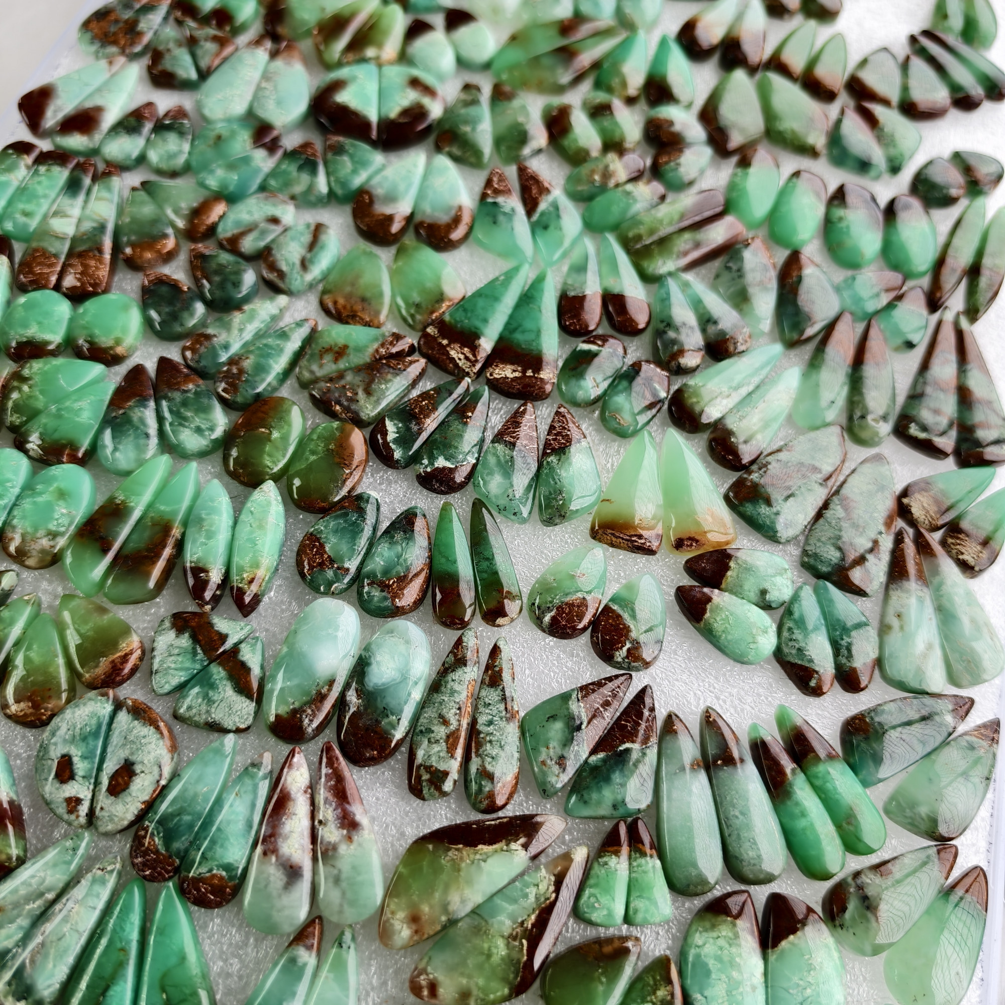 Natural Chrysoprase Matching Pair 12x11x5mm- 34x11x5mm Green Gemstone Cabochons for Earrings and Jewelry Making 16Cts Average Weight