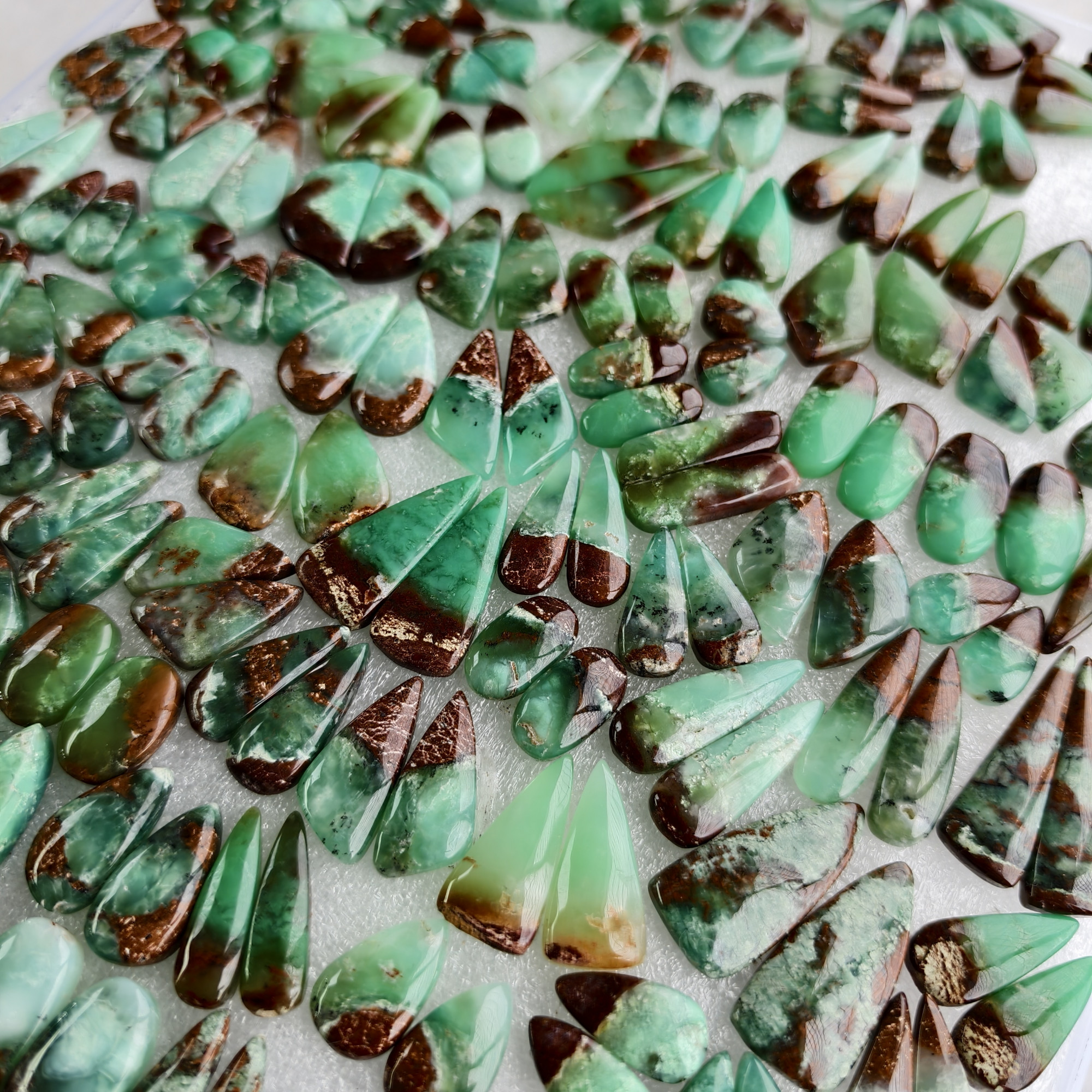 Natural Chrysoprase Matching Pair 12x11x5mm- 34x11x5mm Green Gemstone Cabochons for Earrings and Jewelry Making 16Cts Average Weight