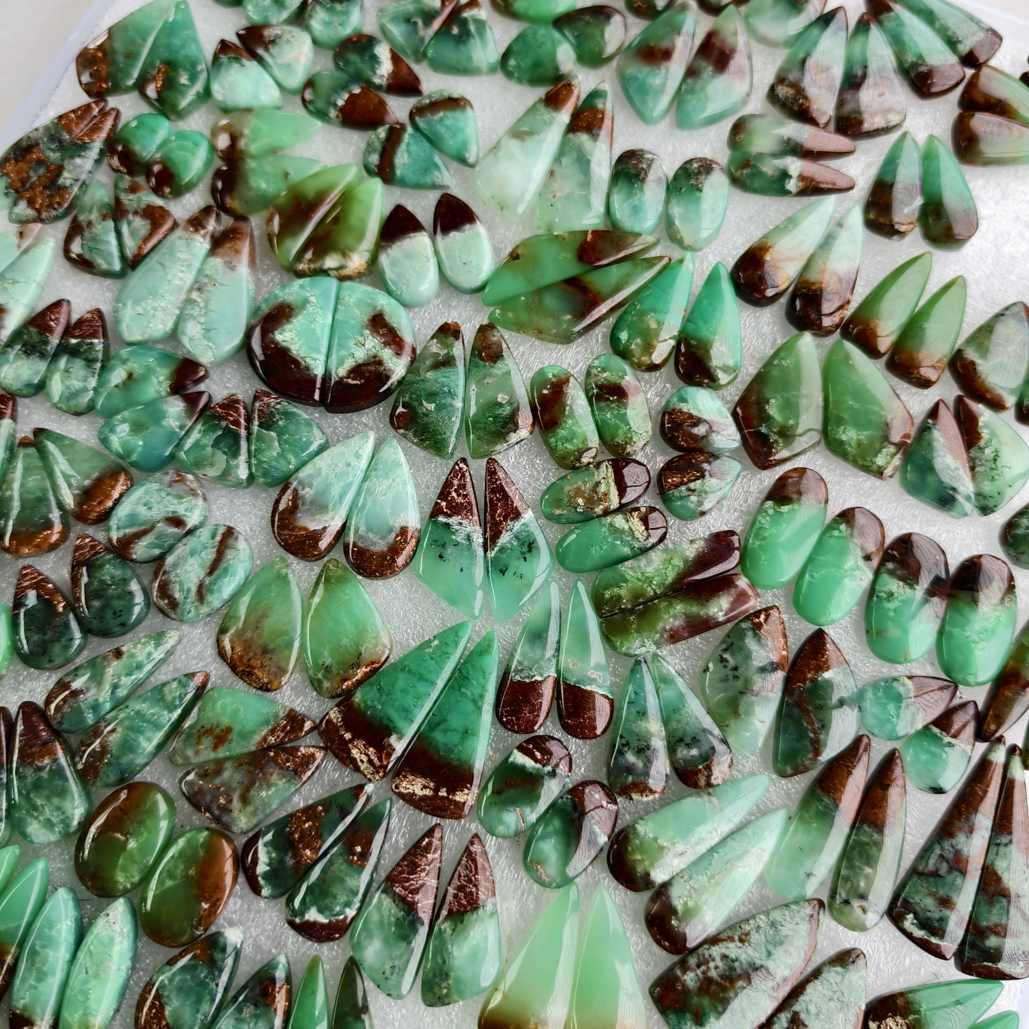 Natural Chrysoprase Matching Pair 12x11x5mm- 34x11x5mm Green Gemstone Cabochons for Earrings and Jewelry Making 16Cts Average Weight