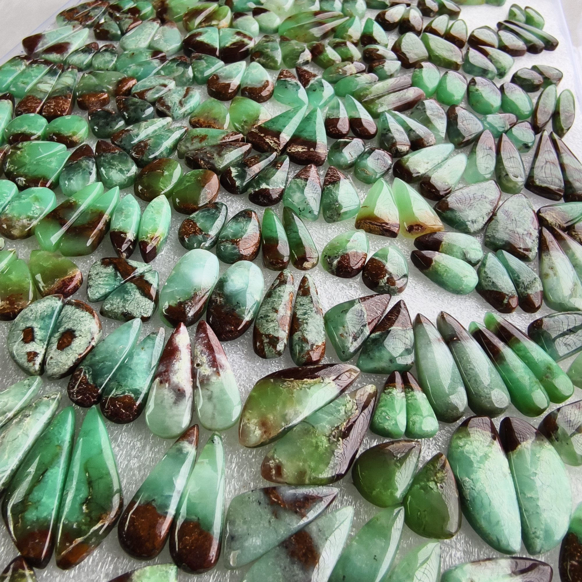 Natural Chrysoprase Matching Pair 12x11x5mm- 34x11x5mm Green Gemstone Cabochons for Earrings and Jewelry Making 16Cts Average Weight