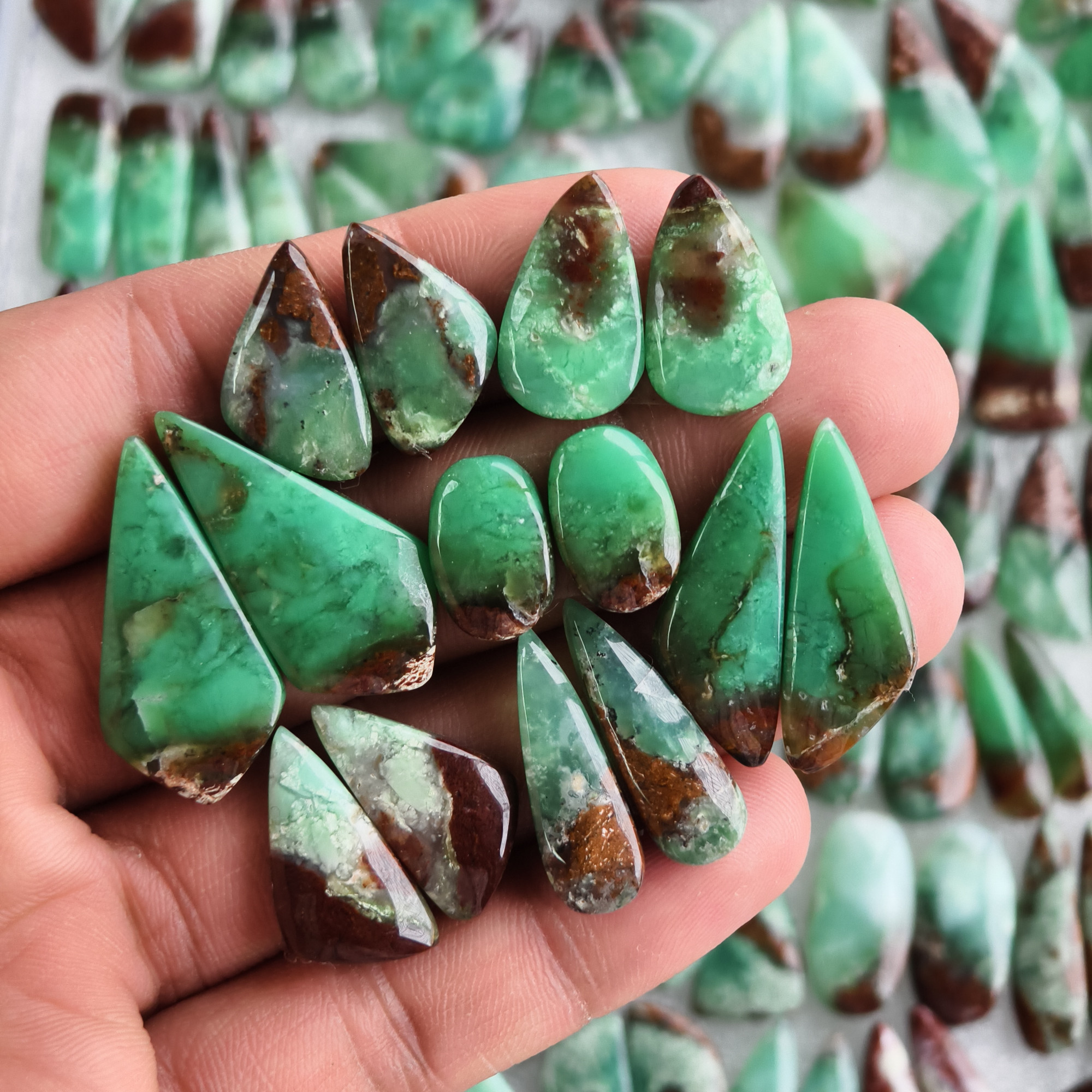 Natural Chrysoprase Matching Pair 12x11x5mm- 34x11x5mm Green Gemstone Cabochons for Earrings and Jewelry Making 16Cts Average Weight