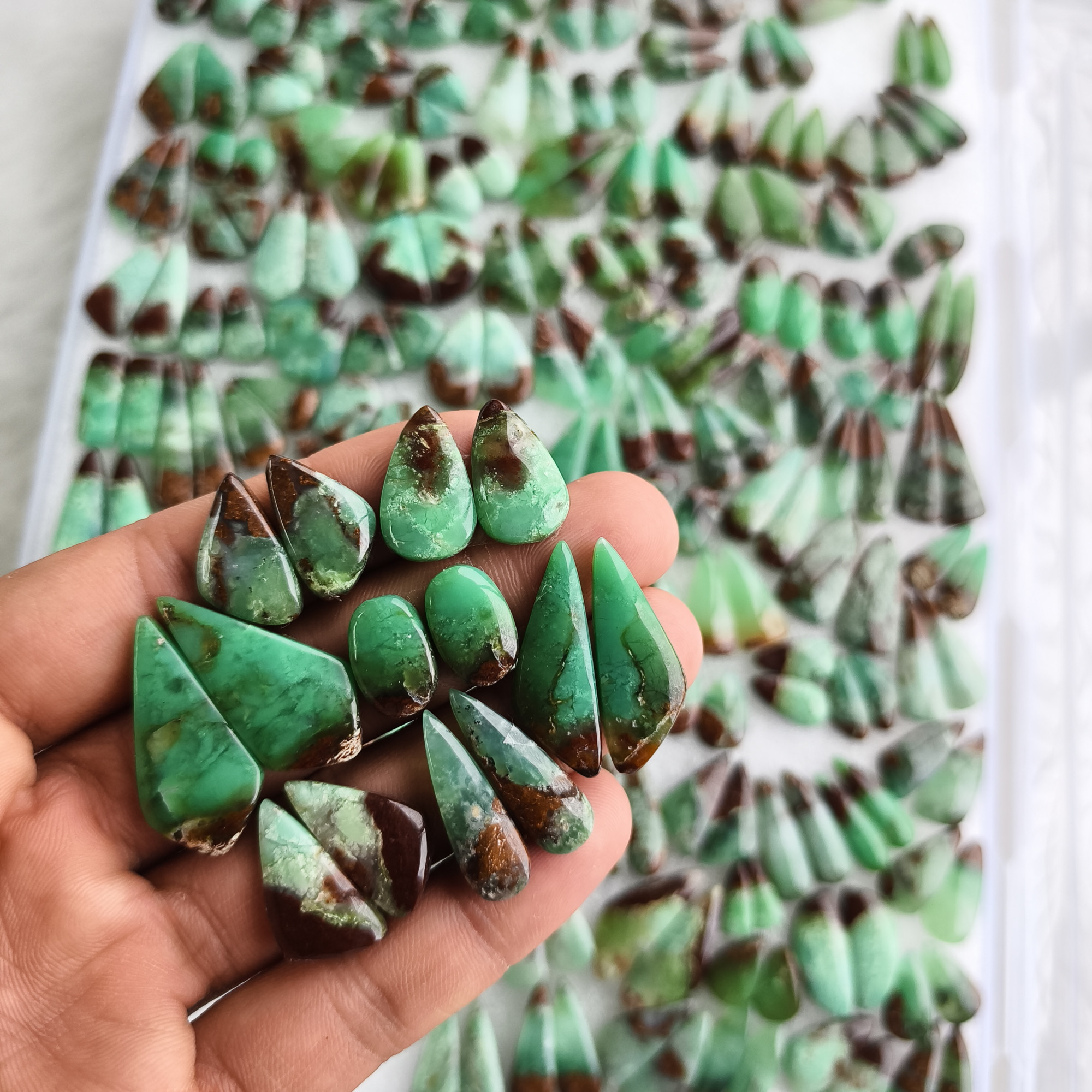 Natural Chrysoprase Matching Pair 12x11x5mm- 34x11x5mm Green Gemstone Cabochons for Earrings and Jewelry Making 16Cts Average Weight