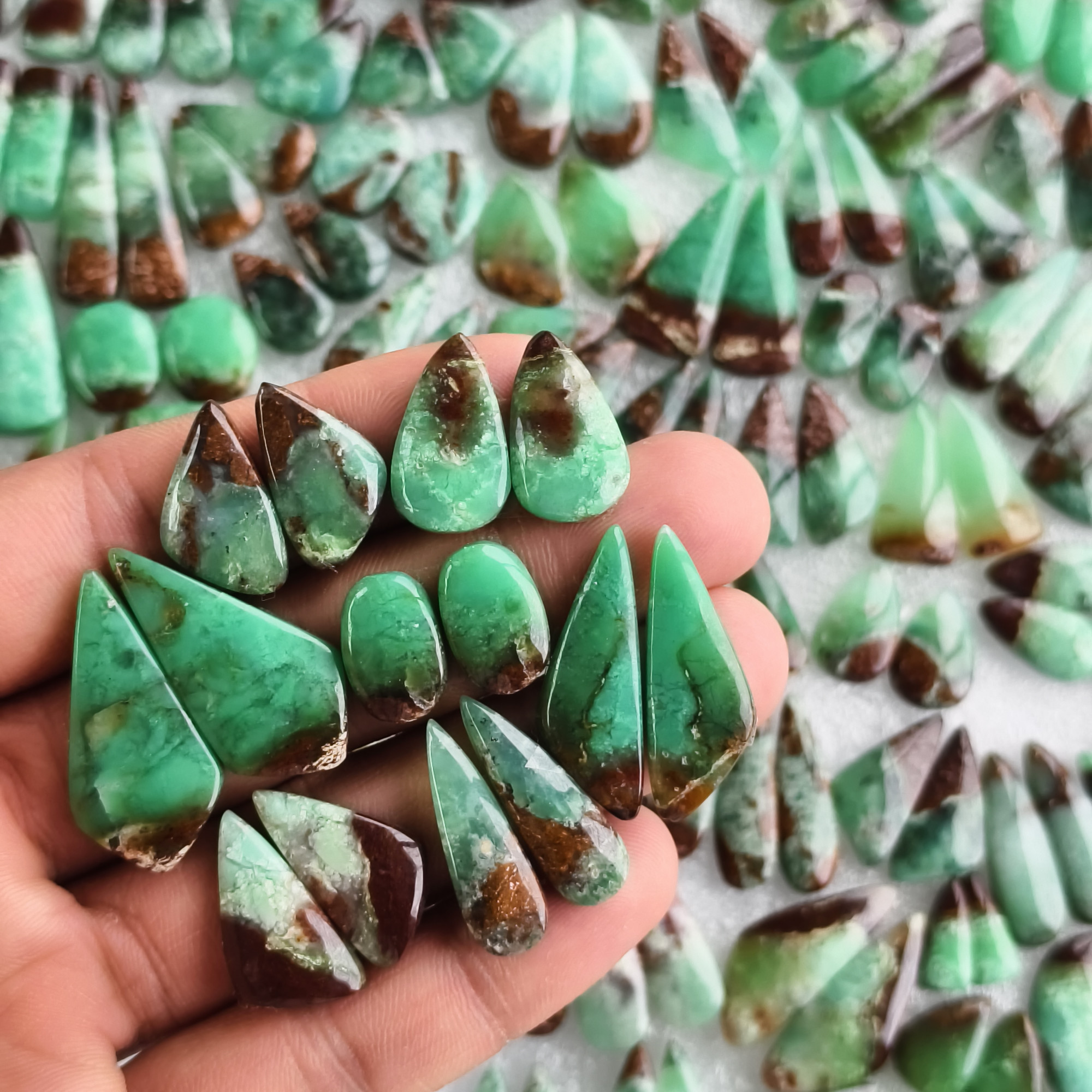 Natural Chrysoprase Matching Pair 12x11x5mm- 34x11x5mm Green Gemstone Cabochons for Earrings and Jewelry Making 16Cts Average Weight