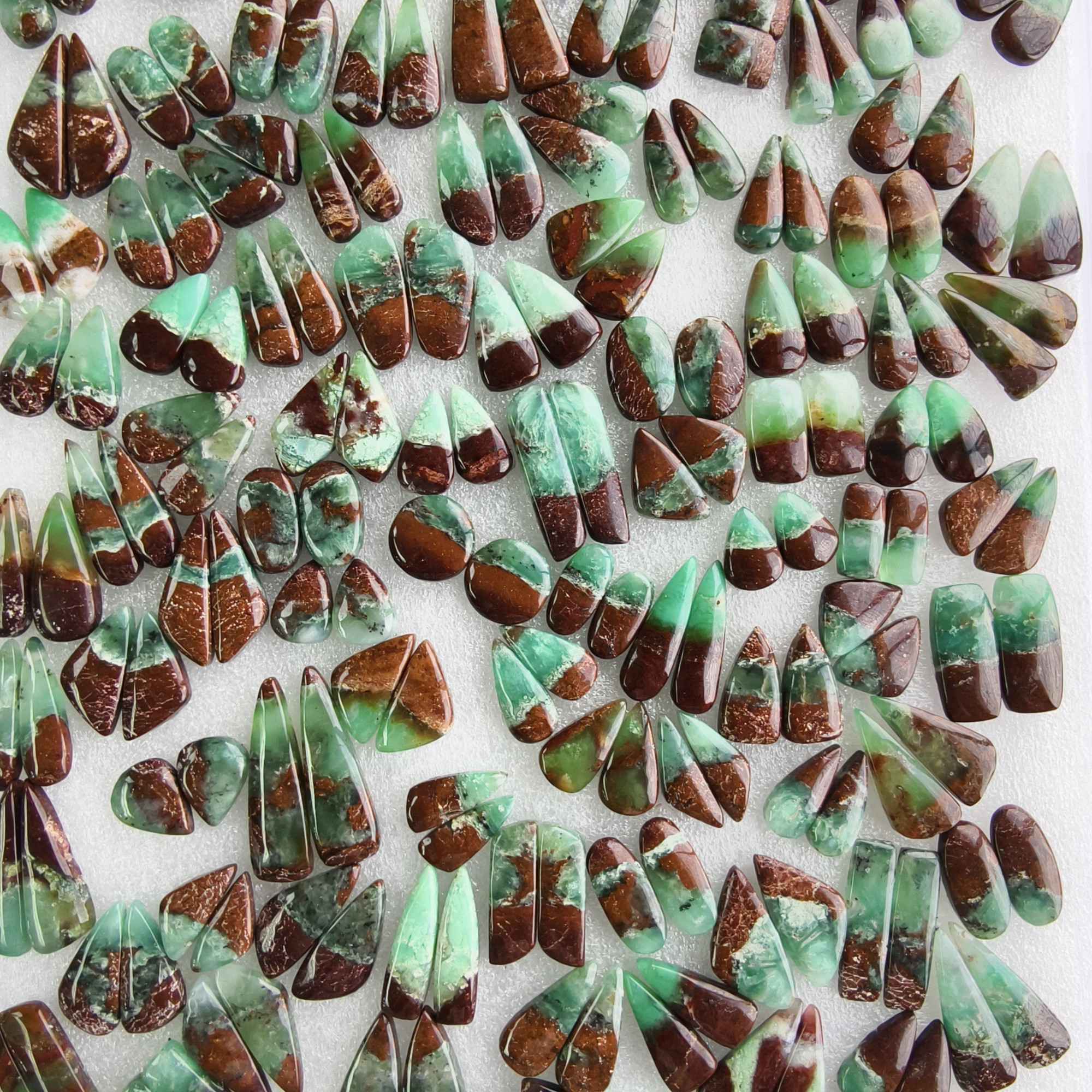Natural Chrysoprase Earring Pair 10x11x5mm-49x9x5mm Green and Matching Gemstone Cabochons for Jewelry Making  32CtsAverage Weight