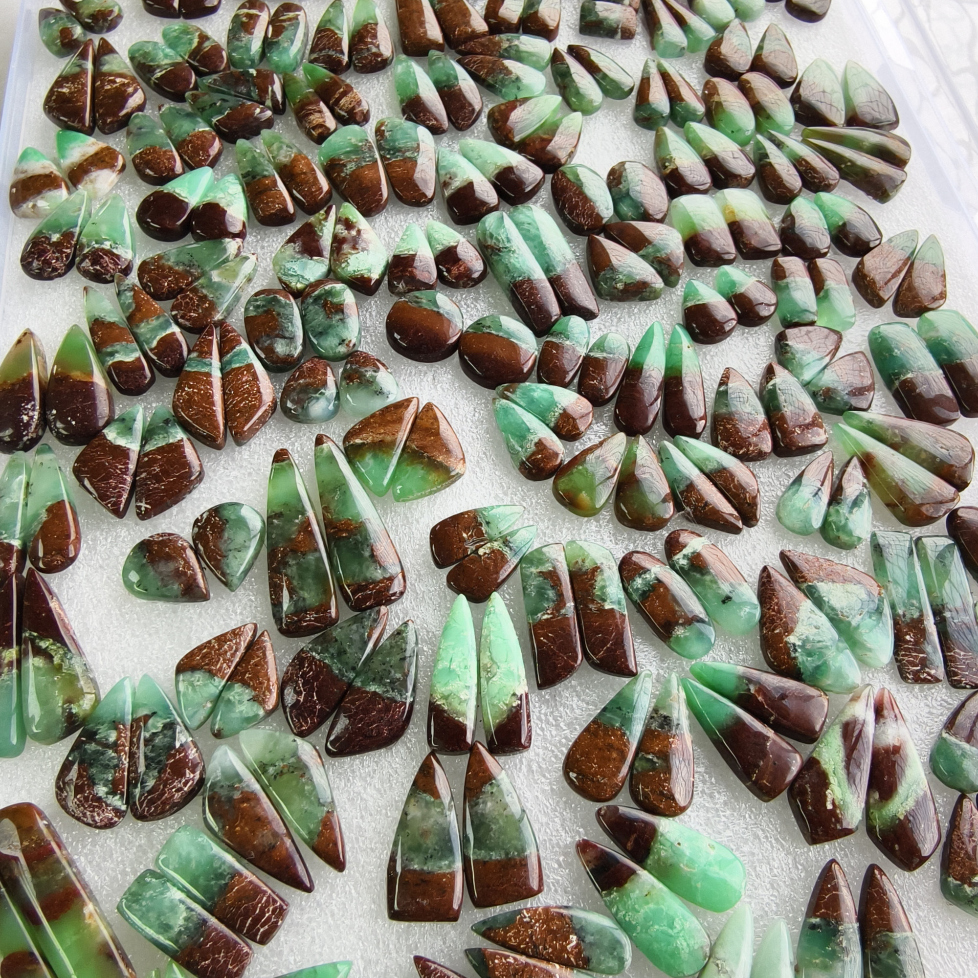 Natural Chrysoprase Earring Pair 10x11x5mm-49x9x5mm Green and Matching Gemstone Cabochons for Jewelry Making 32CtsAverage Weight