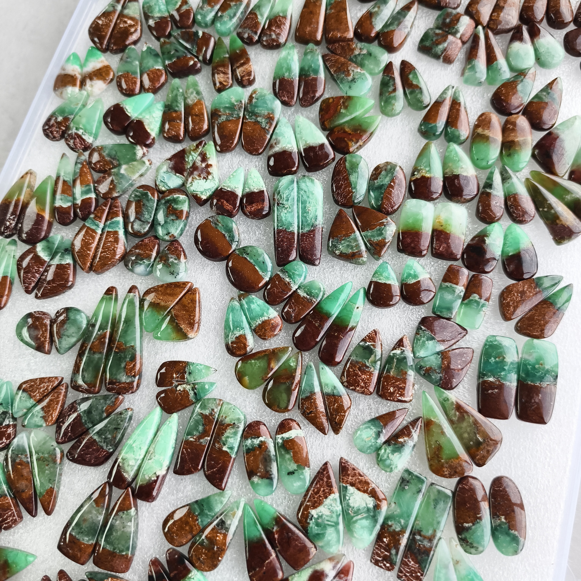 Natural Chrysoprase Earring Pair 10x11x5mm-49x9x5mm Green and Matching Gemstone Cabochons for Jewelry Making 32CtsAverage Weight