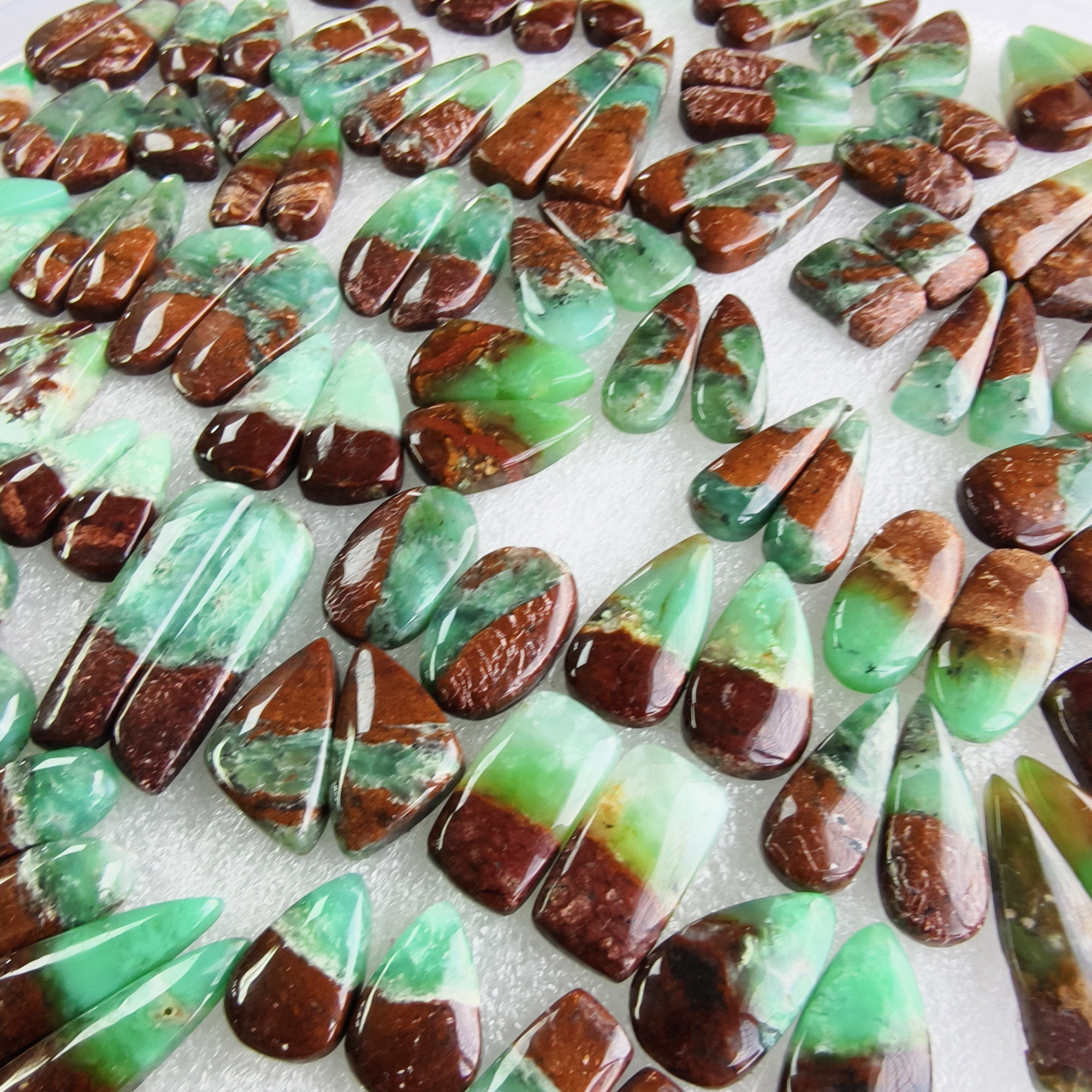 Natural Chrysoprase Earring Pair 10x11x5mm-49x9x5mm Green and Matching Gemstone Cabochons for Jewelry Making  32CtsAverage Weight