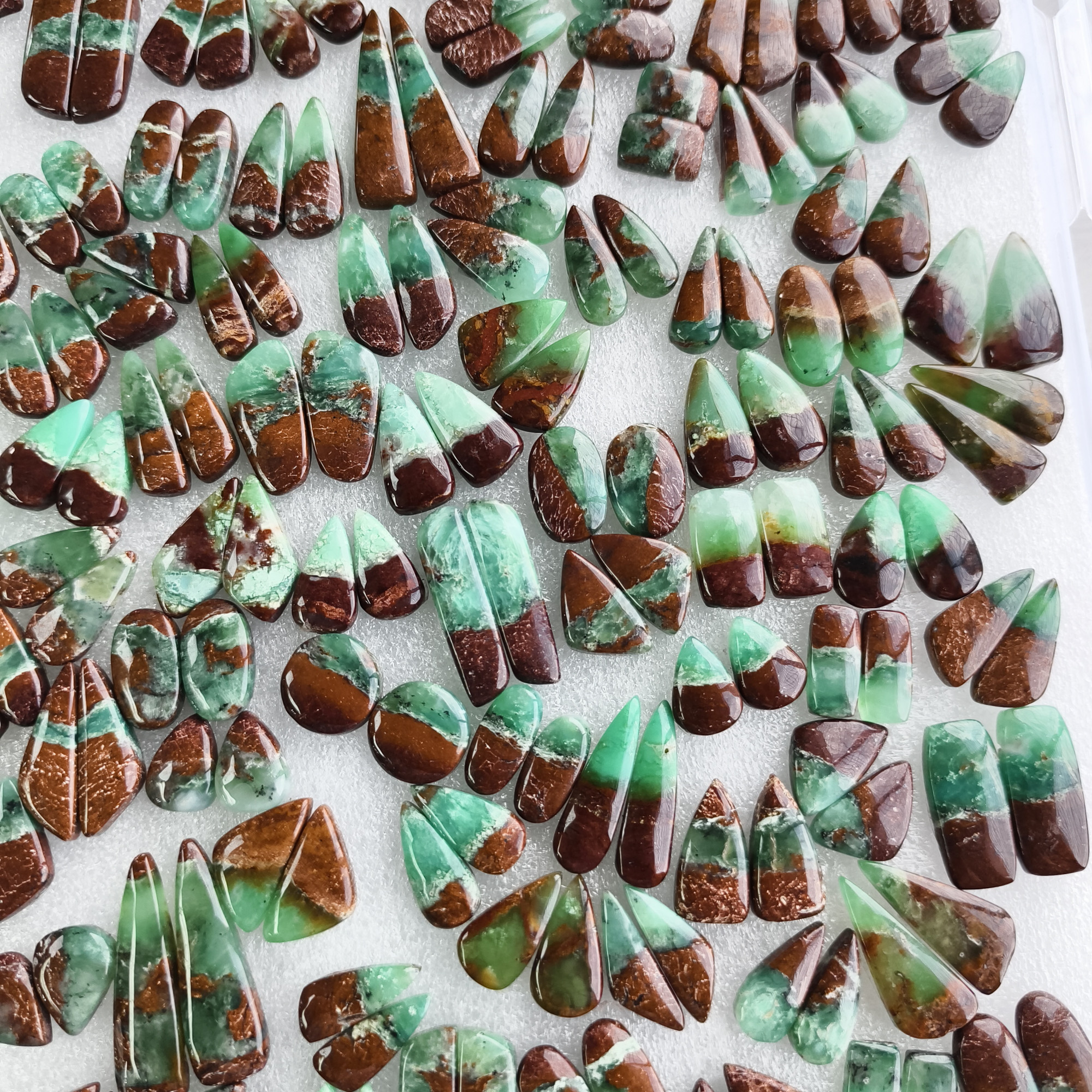 Natural Chrysoprase Earring Pair 10x11x5mm-49x9x5mm Green and Matching Gemstone Cabochons for Jewelry Making 32CtsAverage Weight