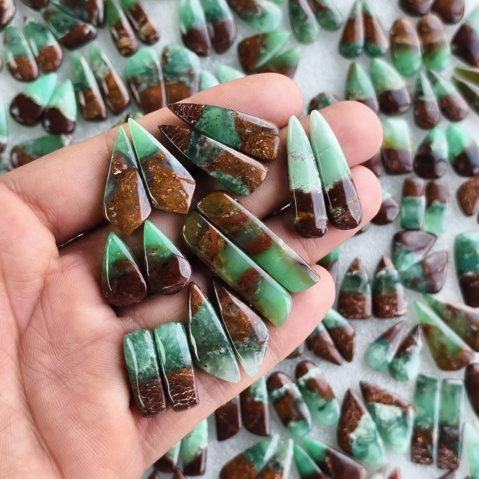 Natural Chrysoprase Earring Pair 10x11x5mm-49x9x5mm Green and Matching Gemstone Cabochons for Jewelry Making  32CtsAverage Weight