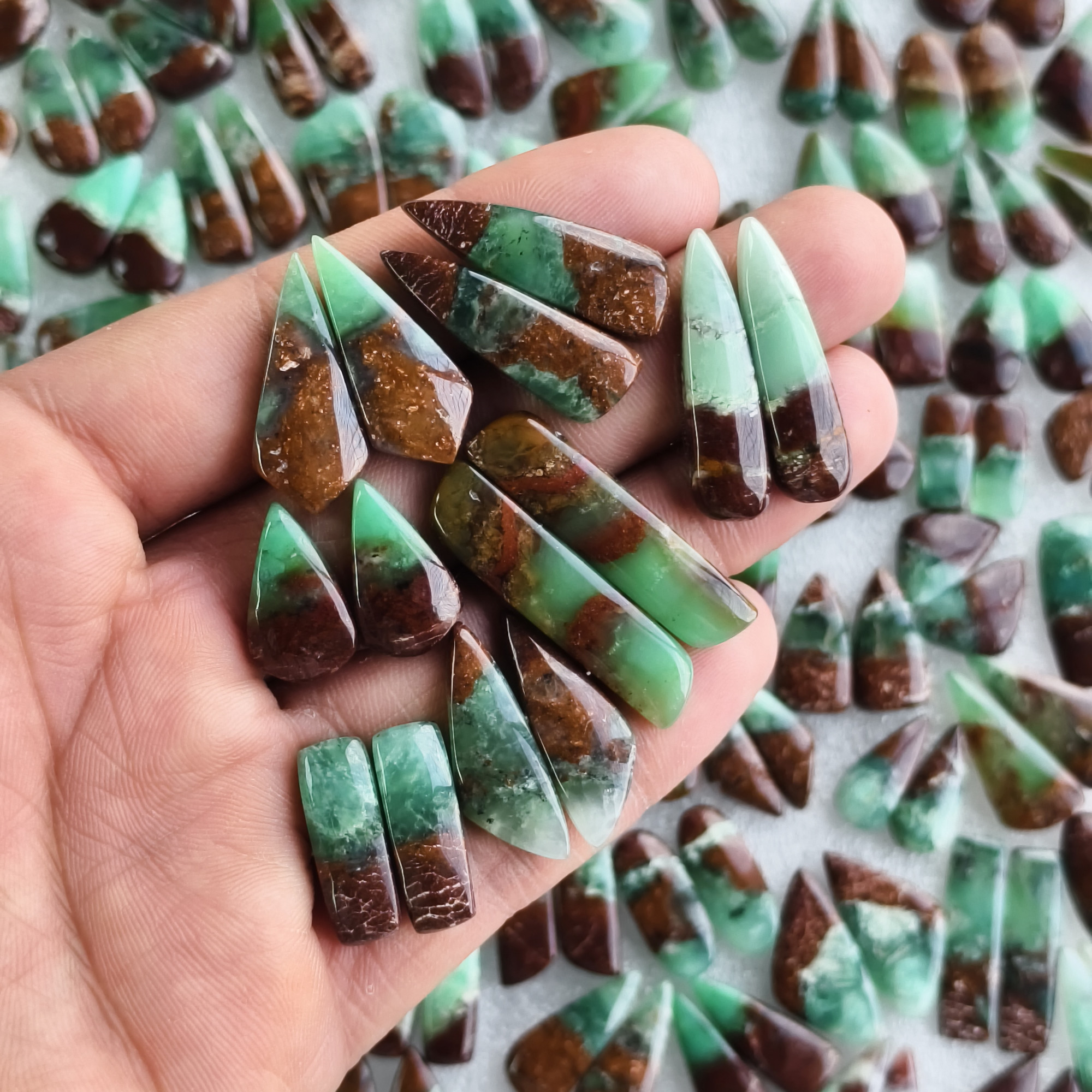 Natural Chrysoprase Earring Pair 10x11x5mm-49x9x5mm Green and Matching Gemstone Cabochons for Jewelry Making 32CtsAverage Weight