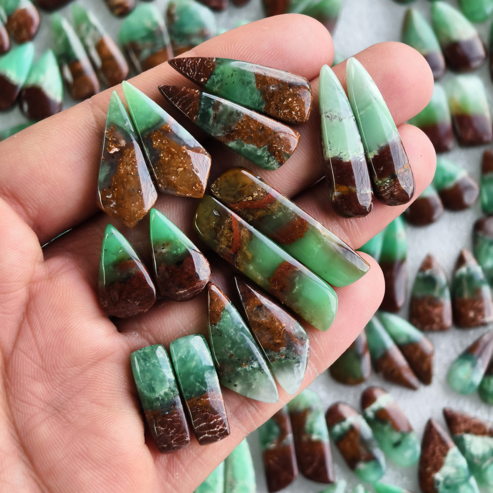 Image of Natural Chrysoprase Earring Pair 10x11x5mm-49x9x5mm Green and Matching Gemstone Cabochons for Jewelry Making  32Cts(Average Weight)
