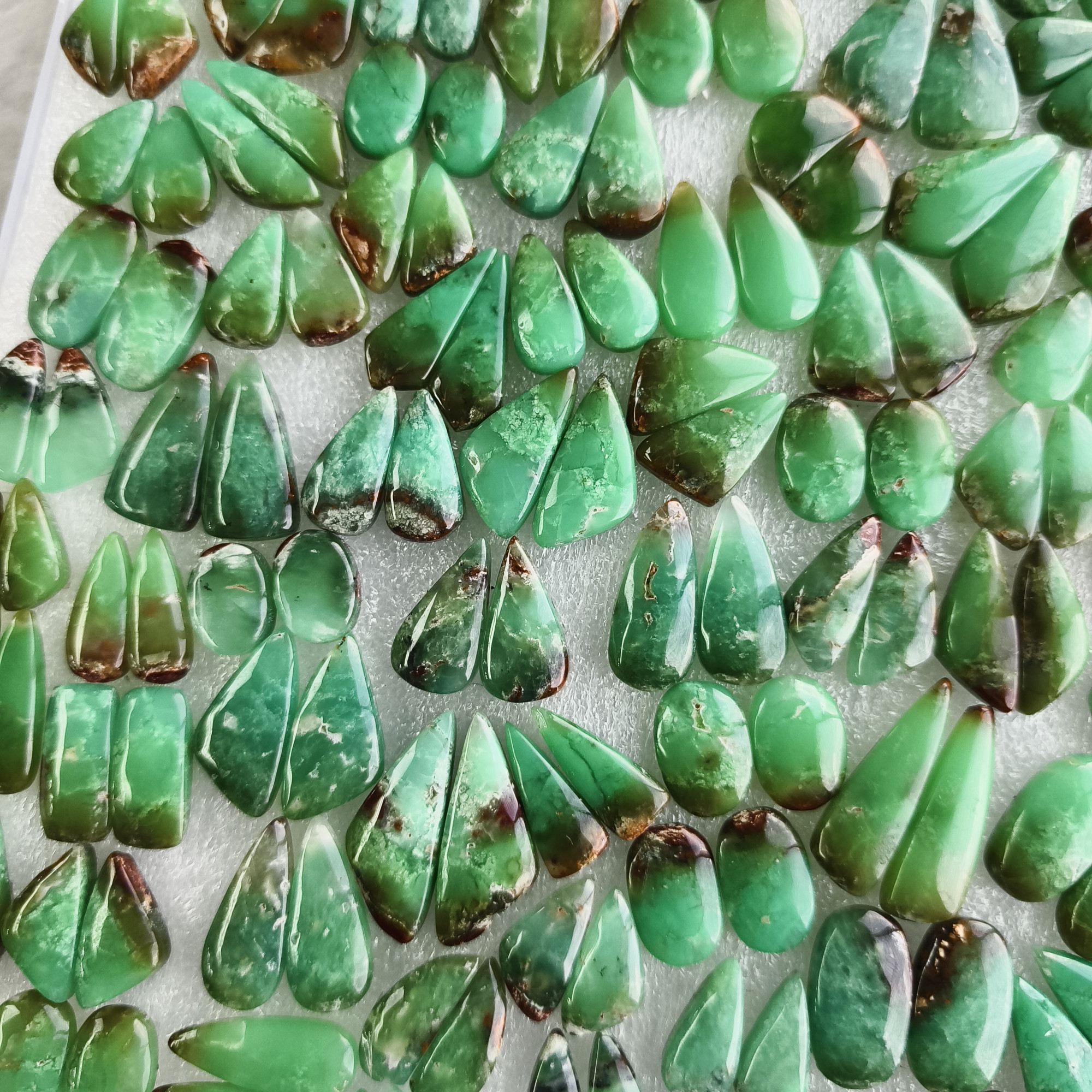 Chrysoprase Gemstone Pair Natural Green Matching Cabochons for Earrings Jewelry Making Stones  10x10x5mm-33x16x5mm 22Cts average Weight