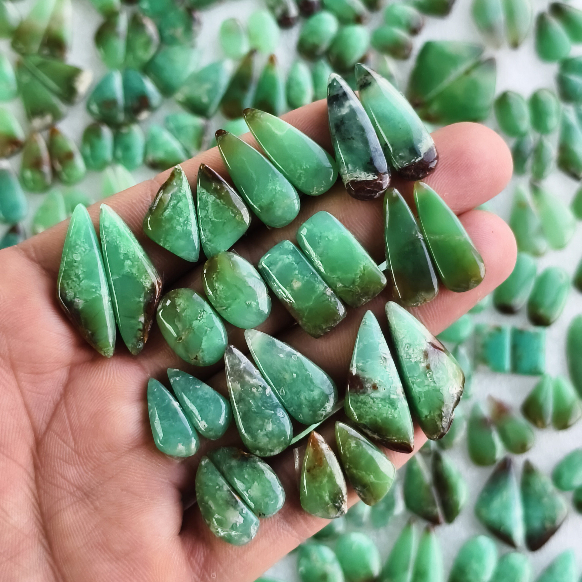 Chrysoprase Gemstone Pair Natural Green Matching Cabochons for Earrings Jewelry Making Stones 10x10x5mm-33x16x5mm 22Cts average Weight