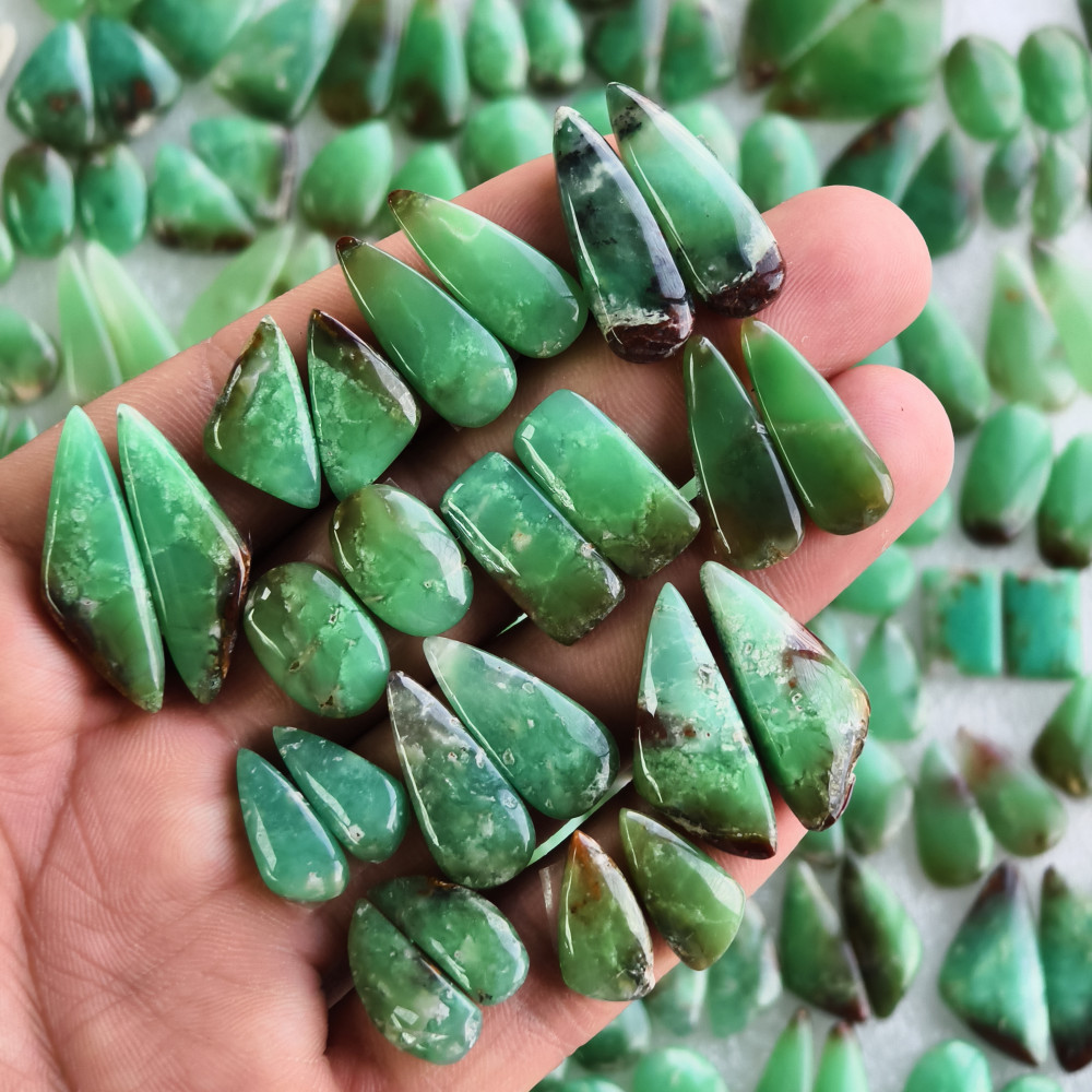 Image of Chrysoprase Gemstone Pair Natural Green Matching Cabochons for Earrings Jewelry Making Stones  10x10x5mm-33x16x5mm, 22Cts (average Weight)