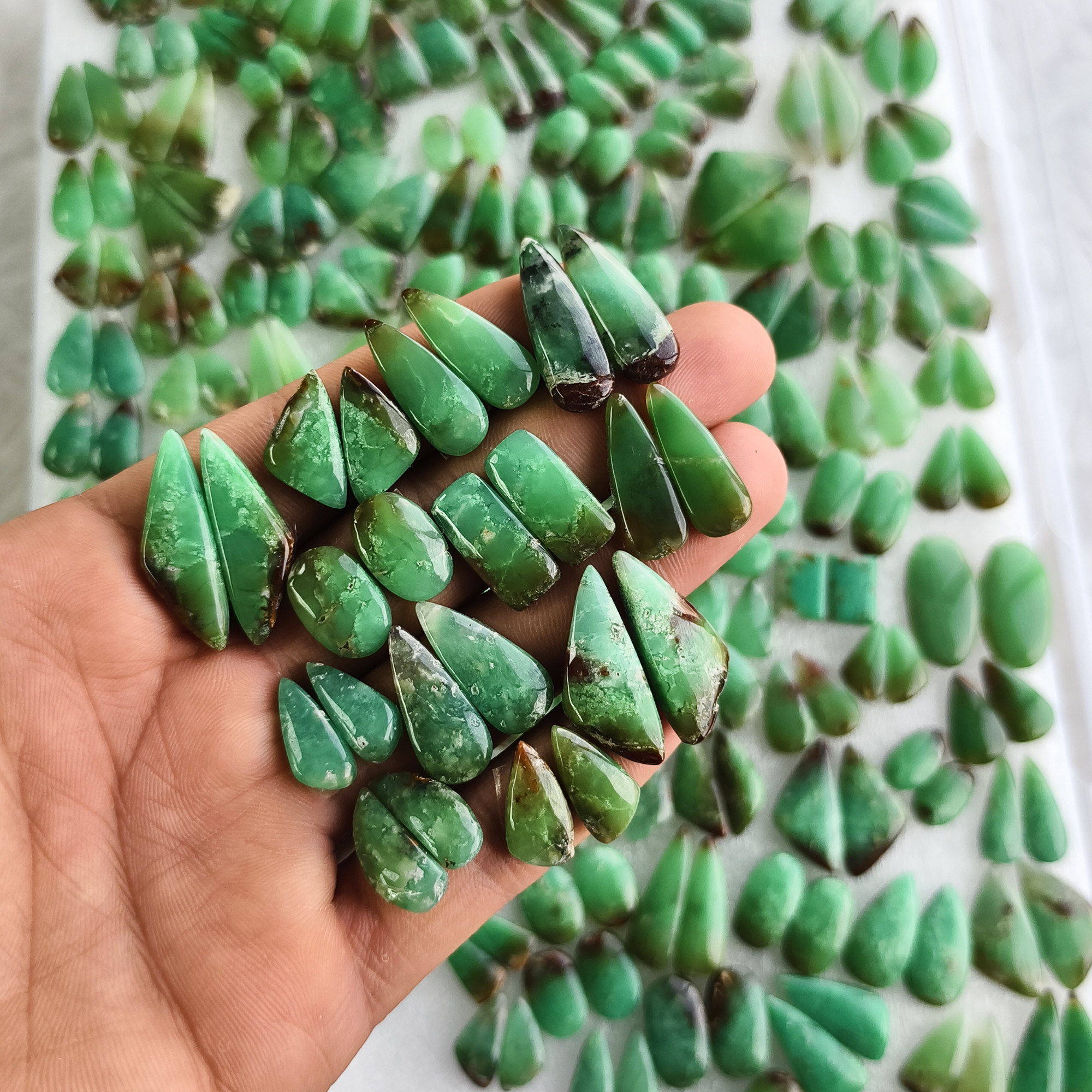 Chrysoprase Gemstone Pair Natural Green Matching Cabochons for Earrings Jewelry Making Stones 10x10x5mm-33x16x5mm 22Cts average Weight