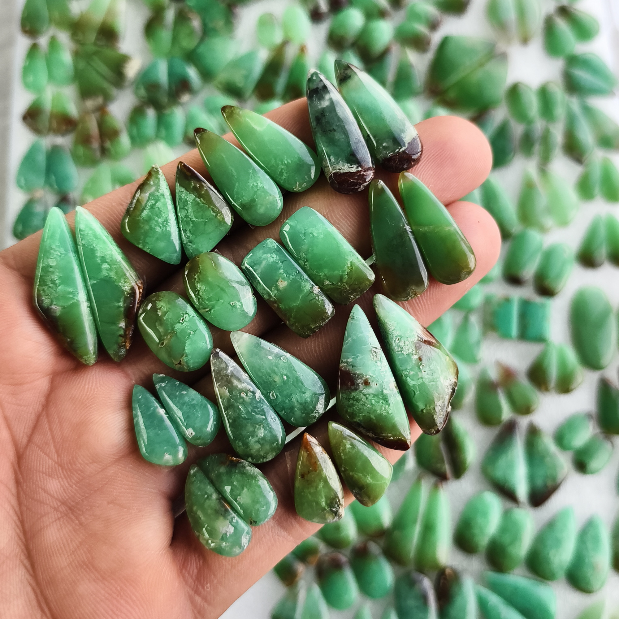 Chrysoprase Gemstone Pair Natural Green Matching Cabochons for Earrings Jewelry Making Stones  10x10x5mm-33x16x5mm 22Cts average Weight