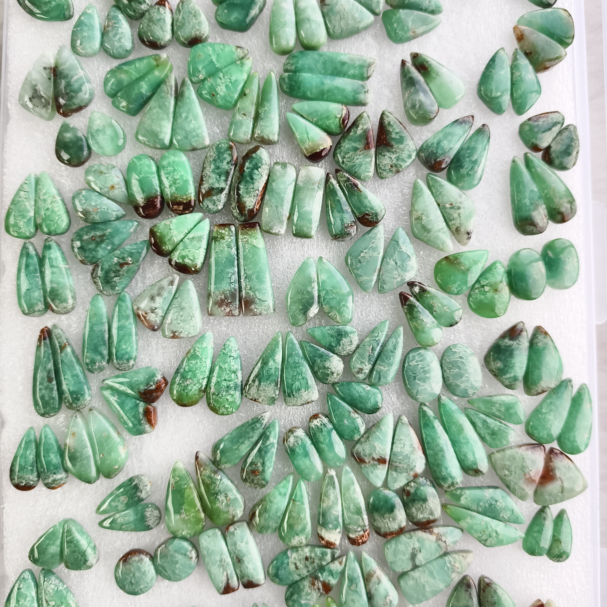 Natural Green Chrysoprase Pair Matching Cabochon Gemstones for Earrings 11x11x5mm-28x10x5mm Loose Jewelry Stones 18Cts Average Weight