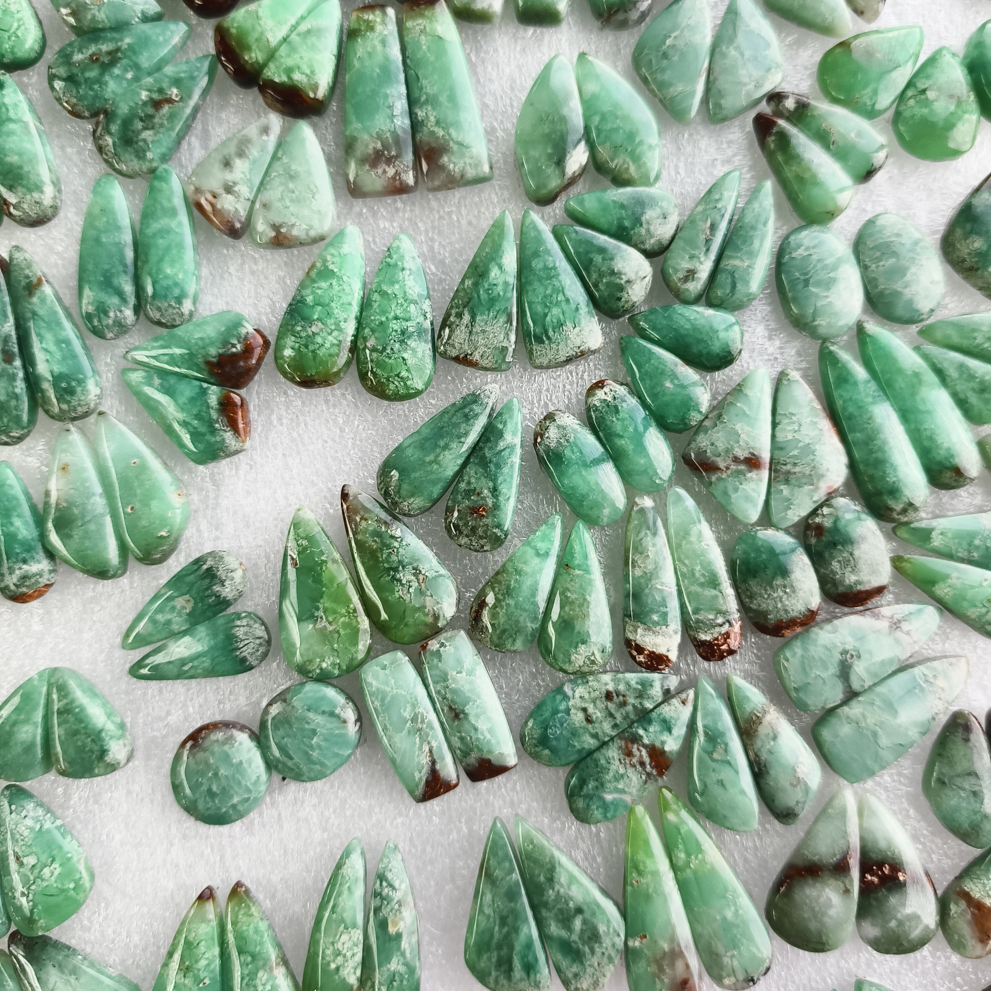 Natural Green Chrysoprase Pair Matching Cabochon Gemstones for Earrings 11x11x5mm-28x10x5mm Loose Jewelry Stones 18Cts Average Weight
