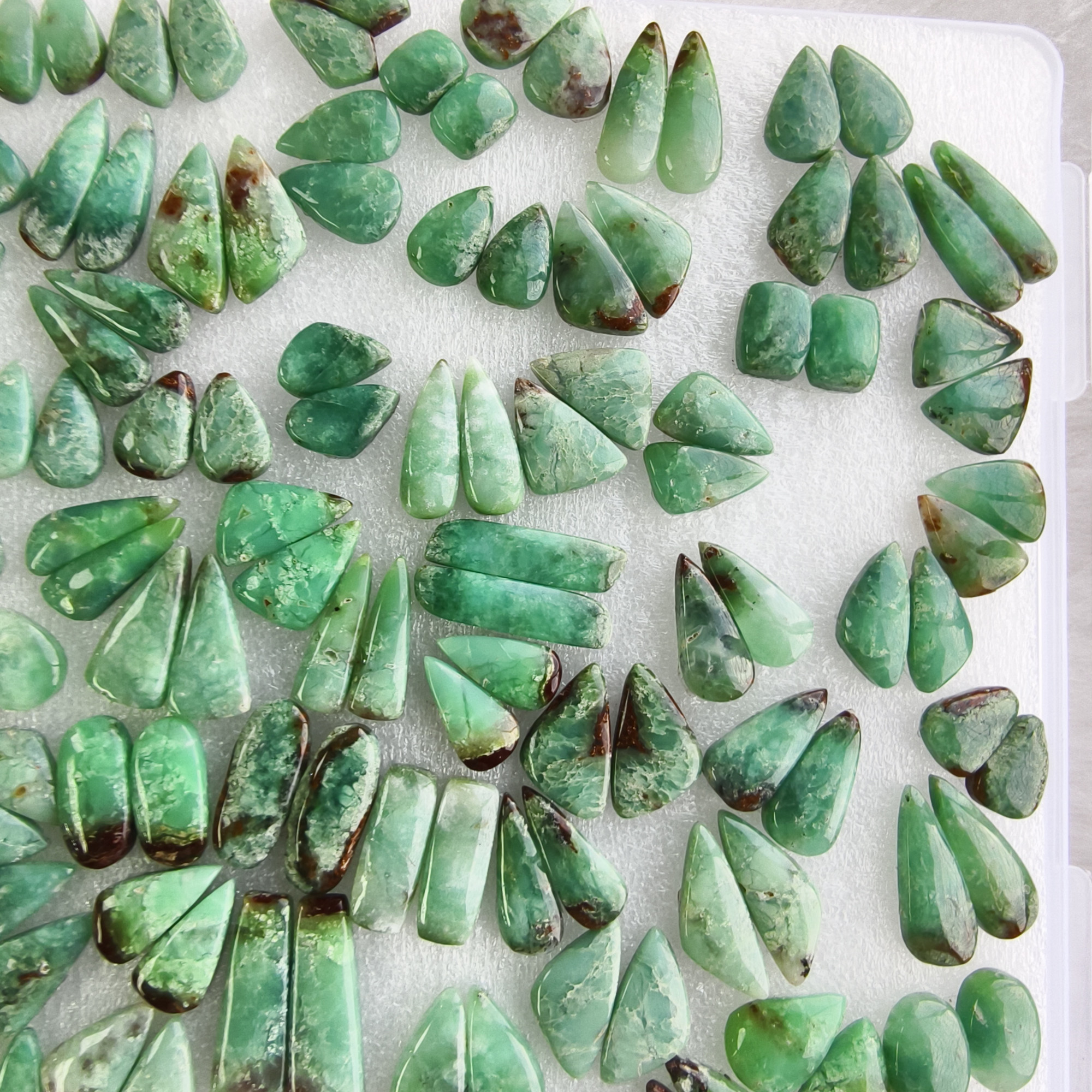 Natural Green Chrysoprase Pair Matching Cabochon Gemstones for Earrings 11x11x5mm-28x10x5mm Loose Jewelry Stones 18Cts Average Weight