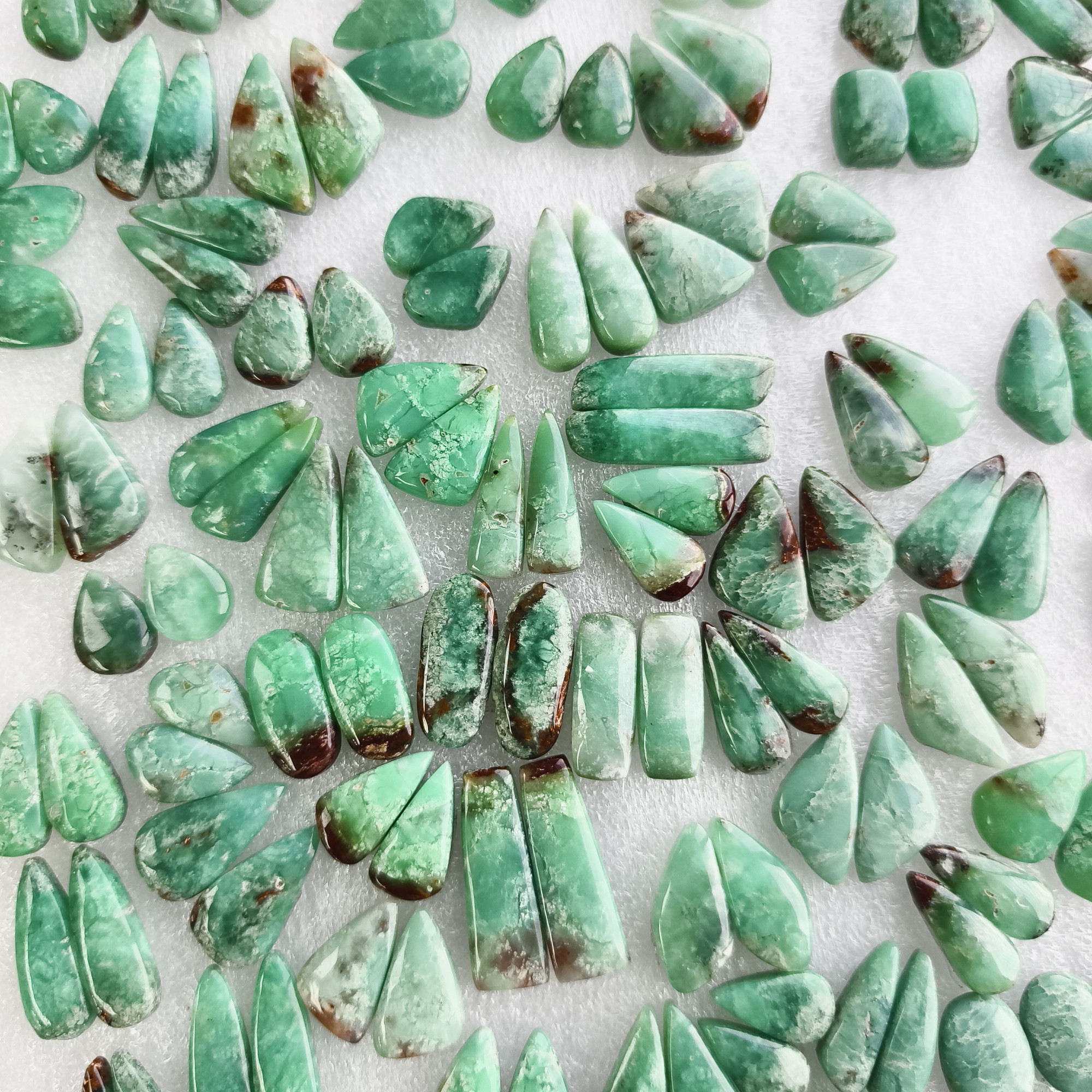 Natural Green Chrysoprase Pair Matching Cabochon Gemstones for Earrings 11x11x5mm-28x10x5mm Loose Jewelry Stones 18Cts Average Weight